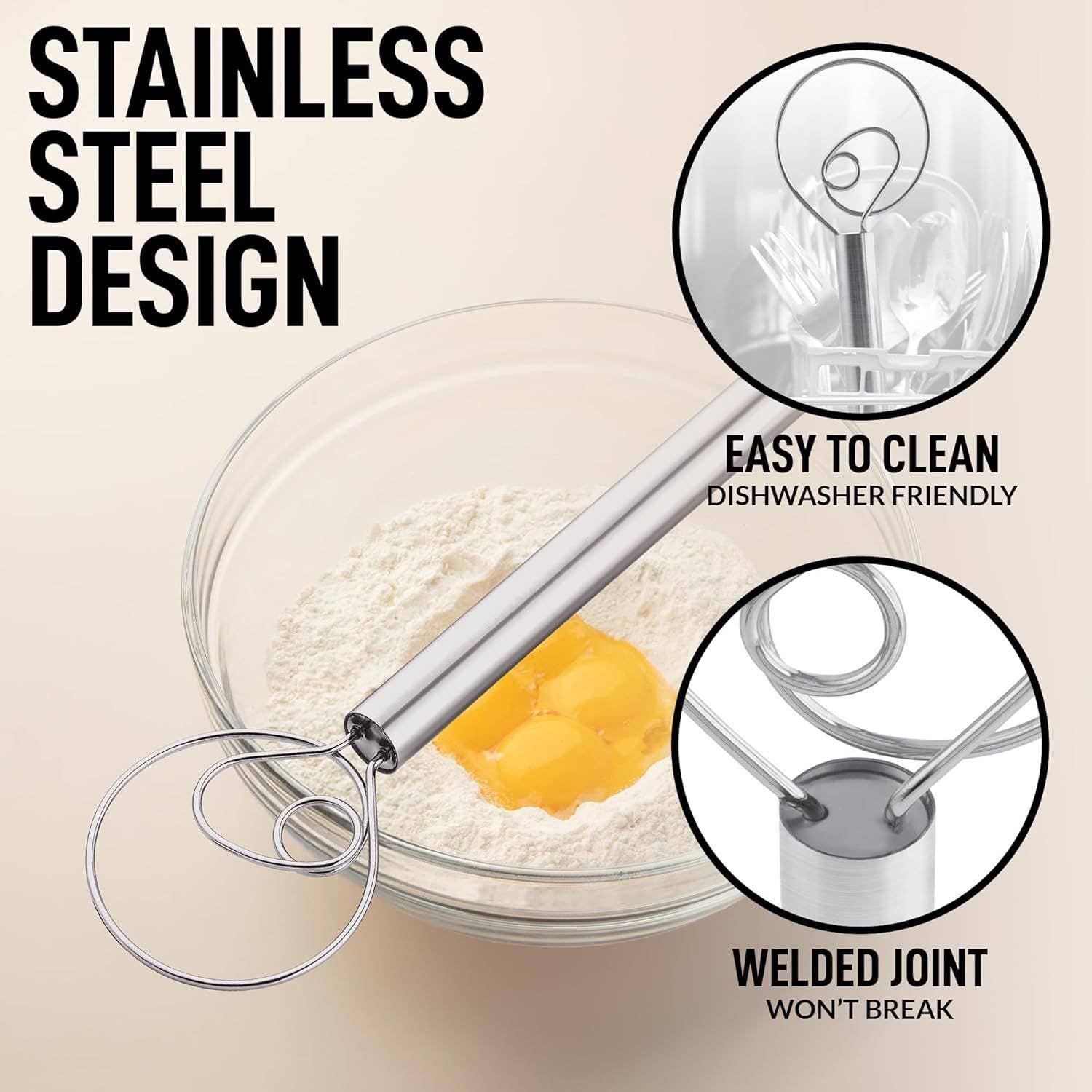 Danish Dough Whisk Stainless Steel - Single Eye Dough Hook