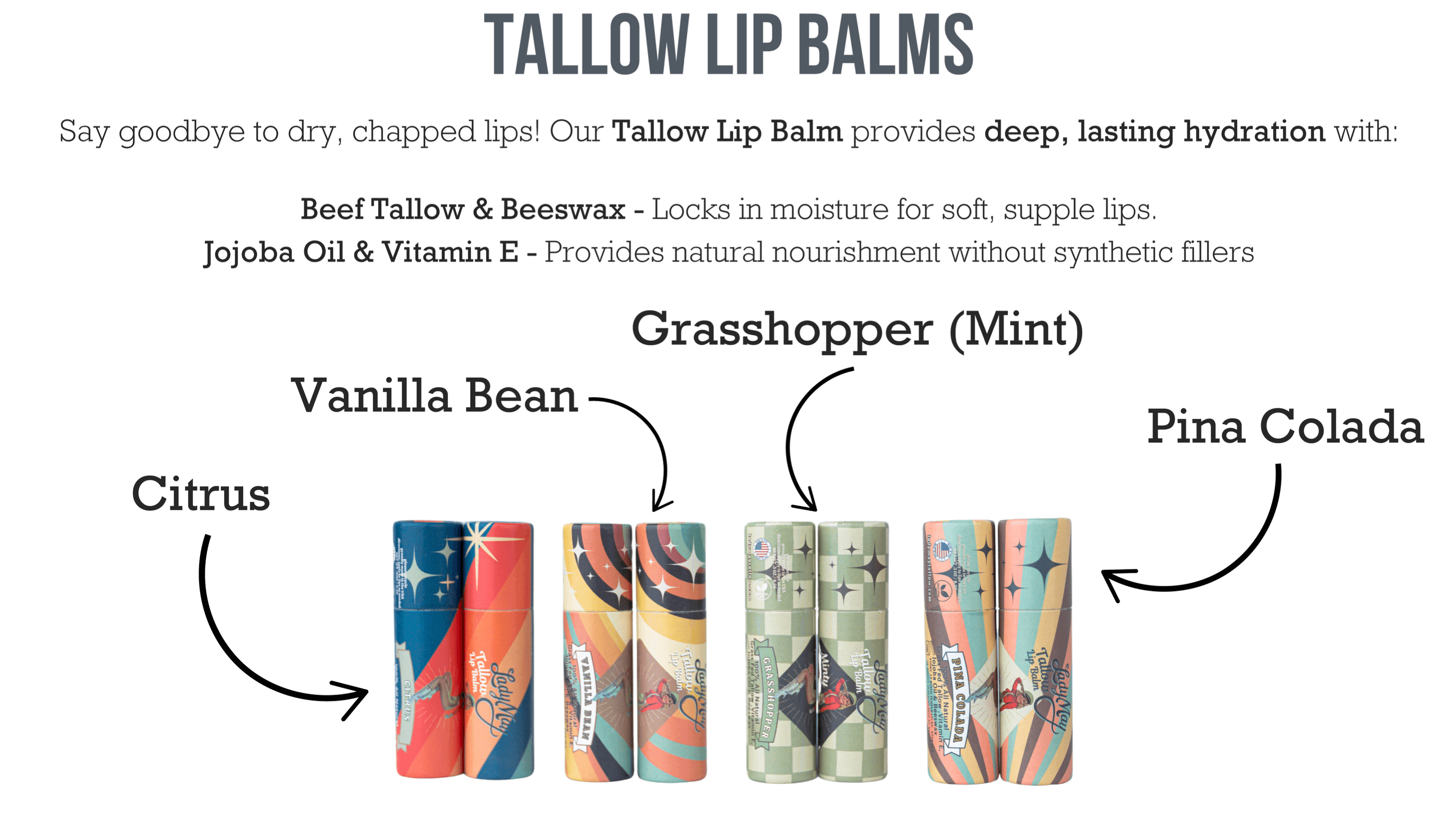 Tallow Lip Balm - Natural Beef Tallow Lip Moisturizer with Beeswax & Jojoba Oil