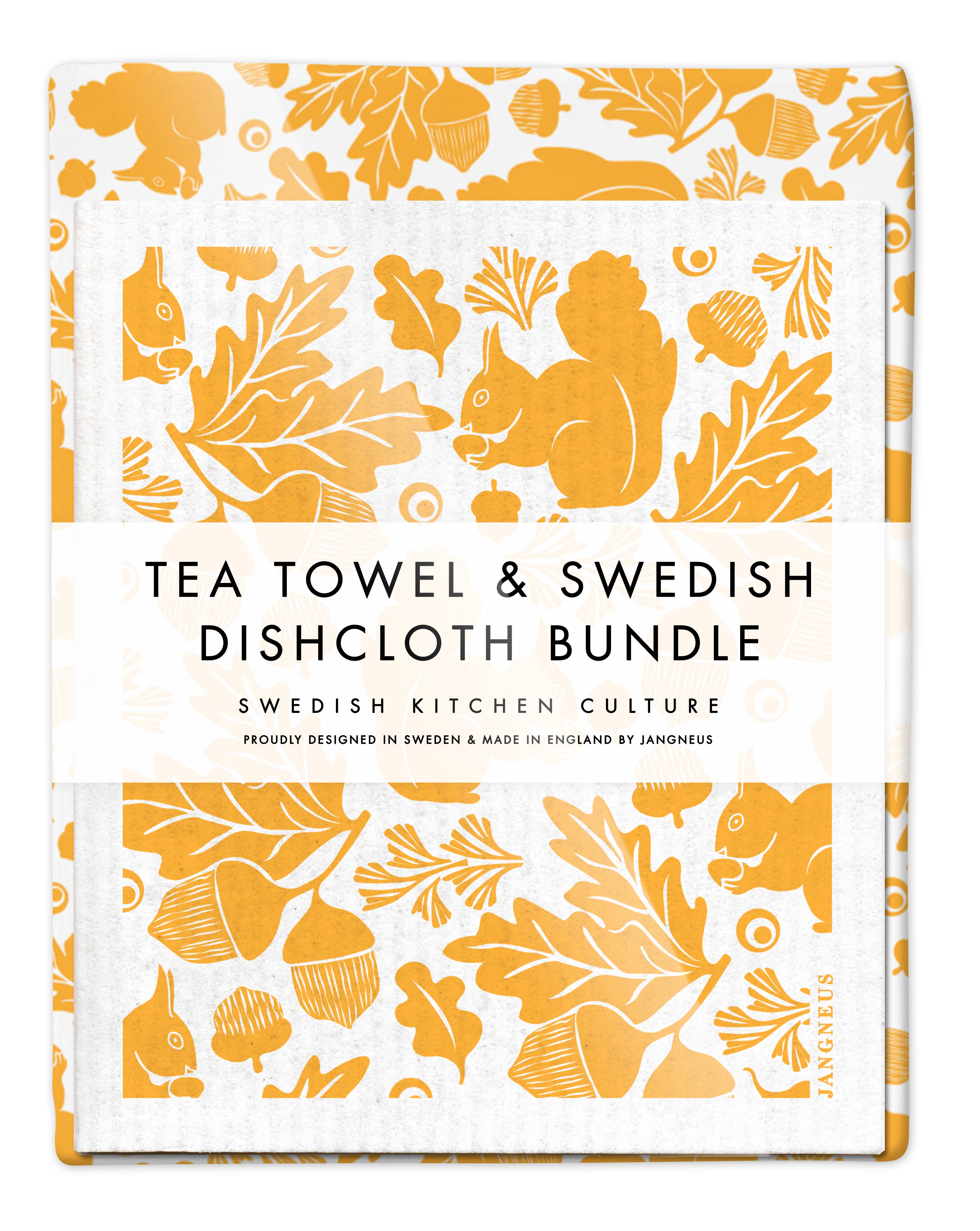Swedish Dishcloth & Tea Towel Bundle - Squirrel - Ochre