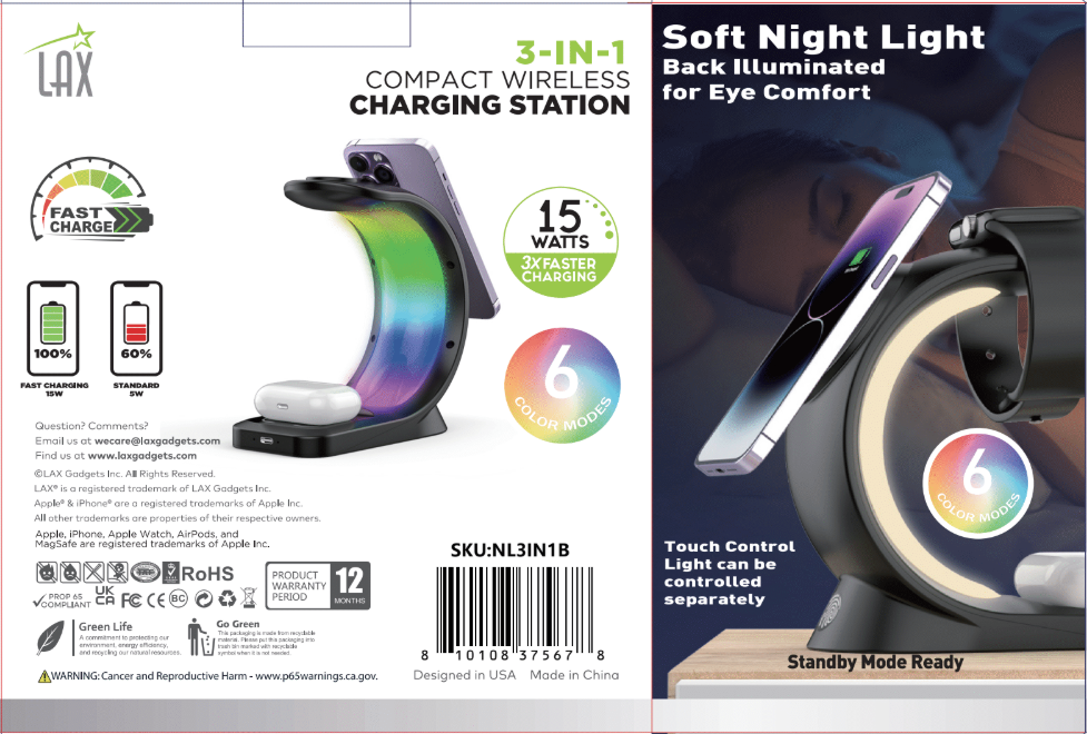3-in-1 Charger Station w/ Night Lamp & Adapter