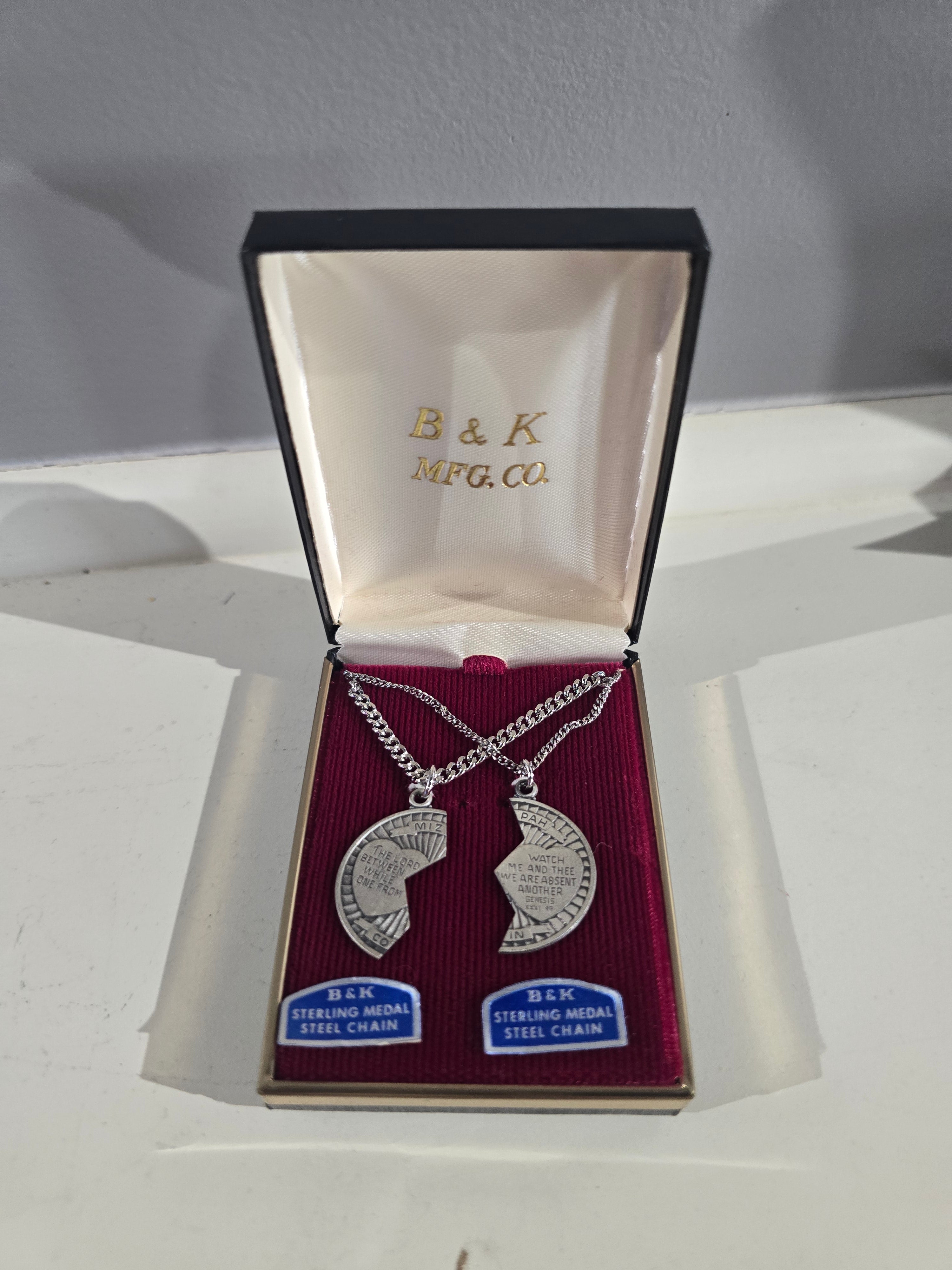 Vintage B&K Mfg. Co. Sterling Silver Mizpah Coin Split Pendant Necklace Set