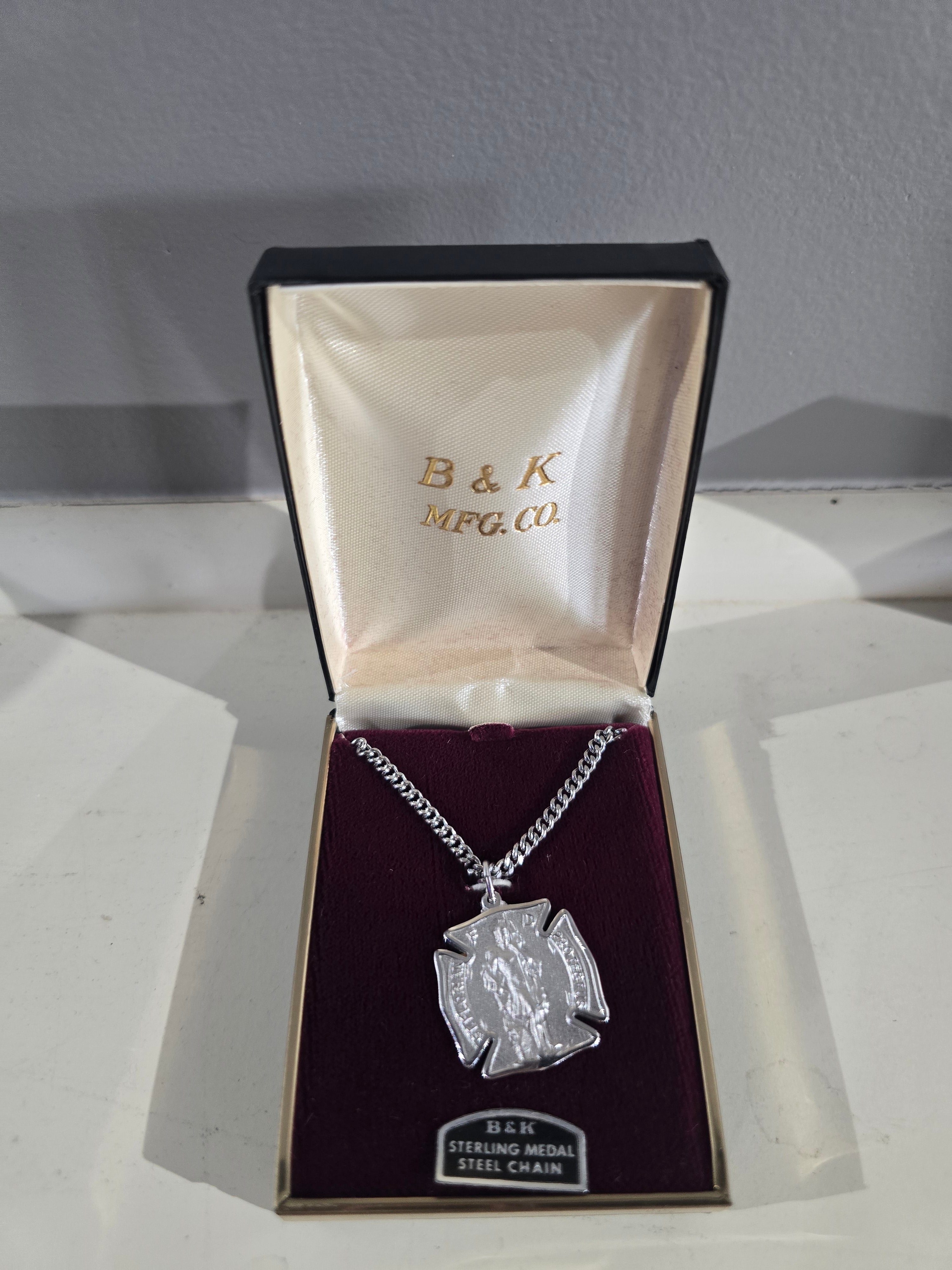 Vintage B&K Mfg. Co. Sterling Silver Saint Florian Firefighter Protect Us Badge Medal Necklace