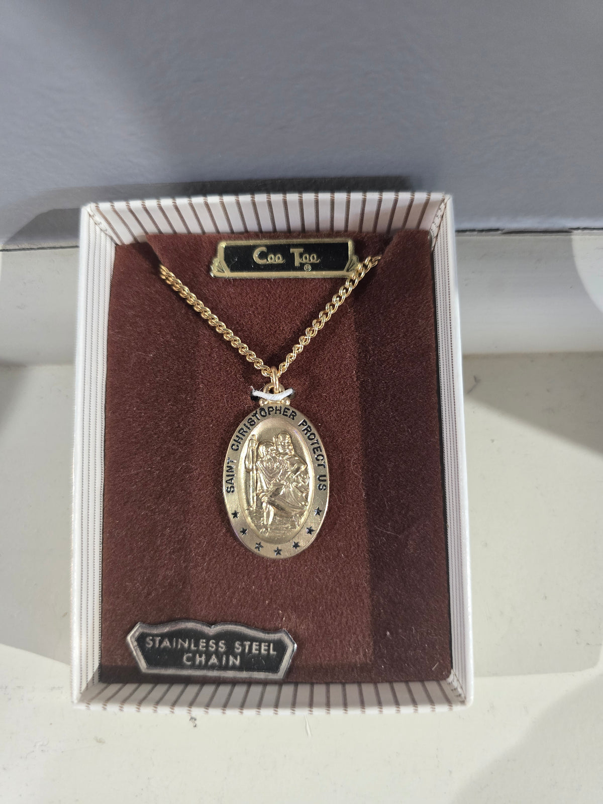 Vintage Gold Tone Saint Christopher Protect Us Oval Medal Necklace