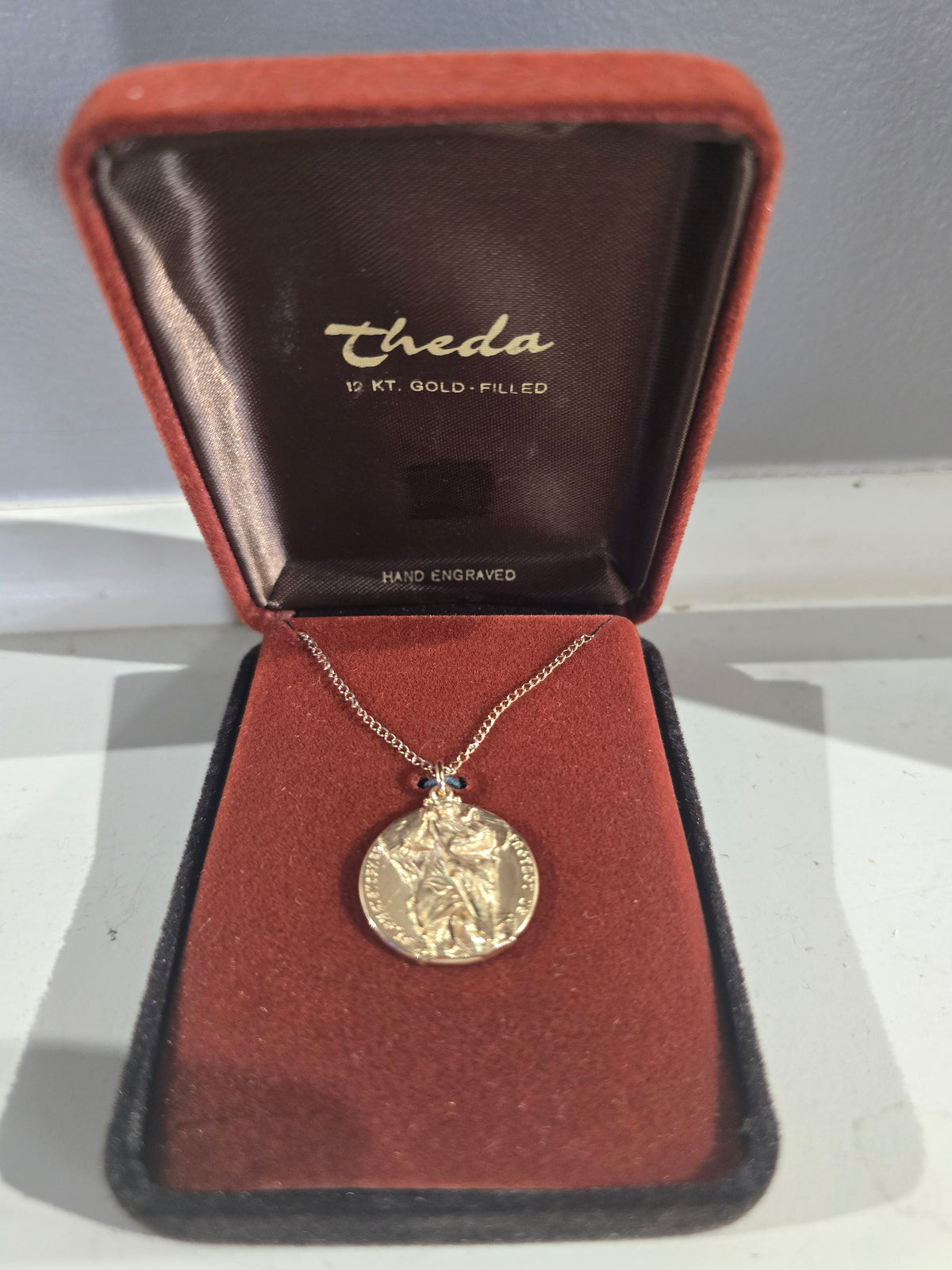 Vintage Theda 12 KT Gold Filled Hand Engraved Saint Christopher Medal Necklace