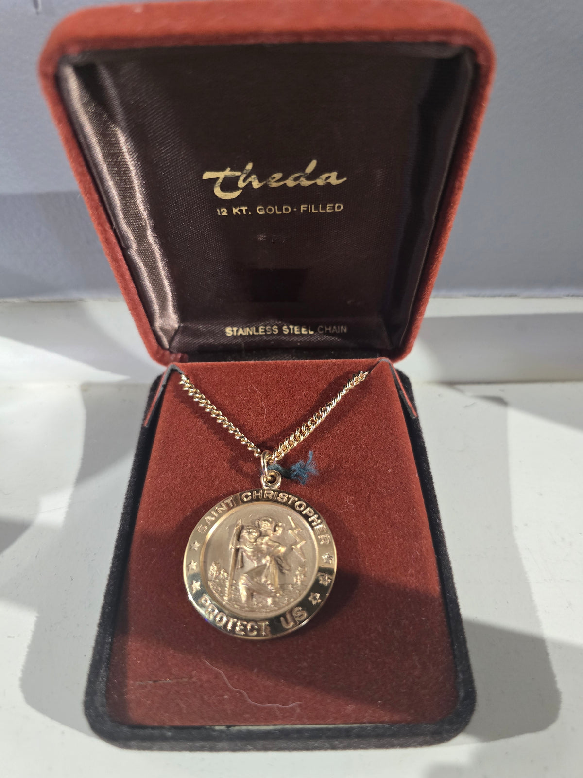 Vintage Theda 12 KT Gold Filled Saint Christopher Protect Us Round Medal Necklace