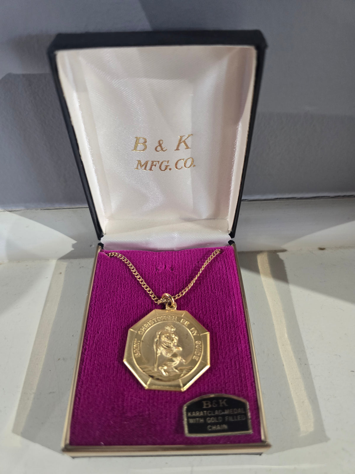 Vintage Karatclad Saint Christopher Be My Guide Octagonal Medal Necklace