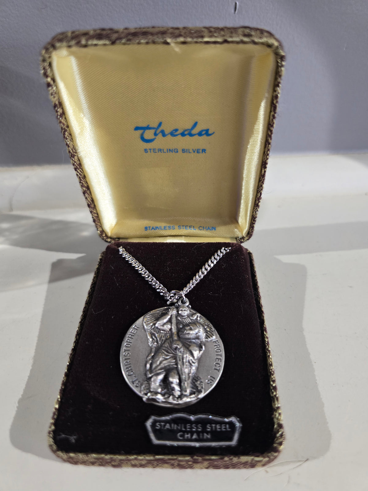 Vintage Theda Sterling Silver Large Round Saint Christopher Protect Us Medal Necklace