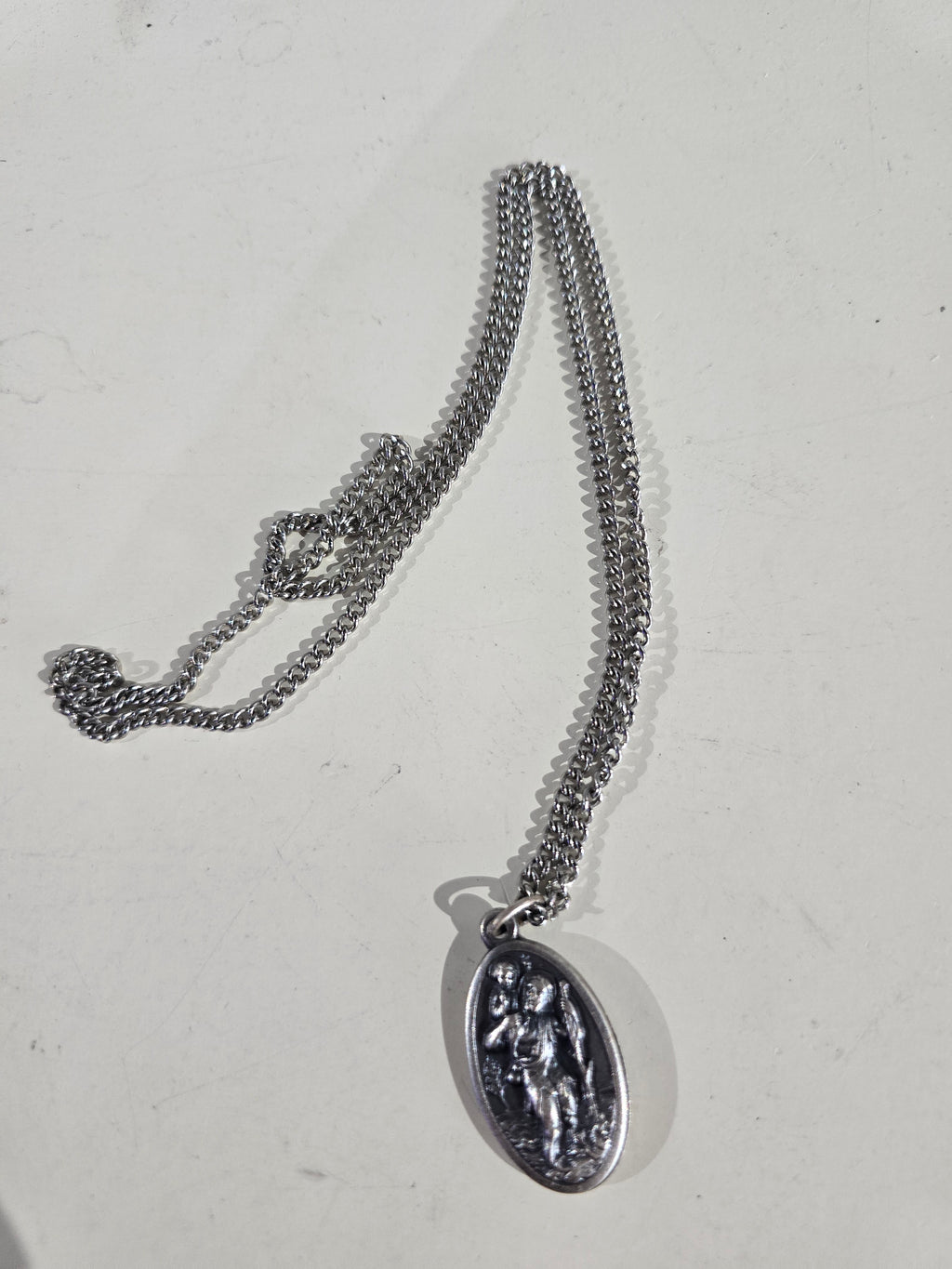 Vintage Double Sided Oval Silver Saint Christopher & Saint Jude Medal Pendant Necklace