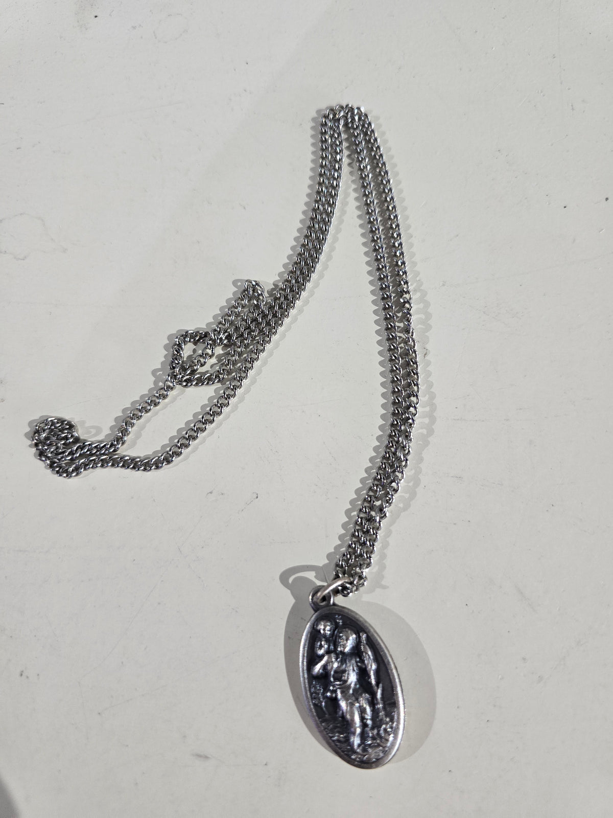 Vintage Oval Silver Saint Christopher Medal Pendant Necklace