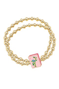 Mahjong 2-Row Ball Bead Stretch Bracelet in Shiny Gold