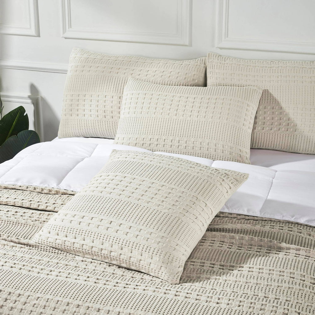 VHC Brands Waffle Weave Natural Pillow Covers 24x24 (Set of 2) - Farmhouse Boho Decorative Throw Pillow Shams for Bedroom & Living Room Decor