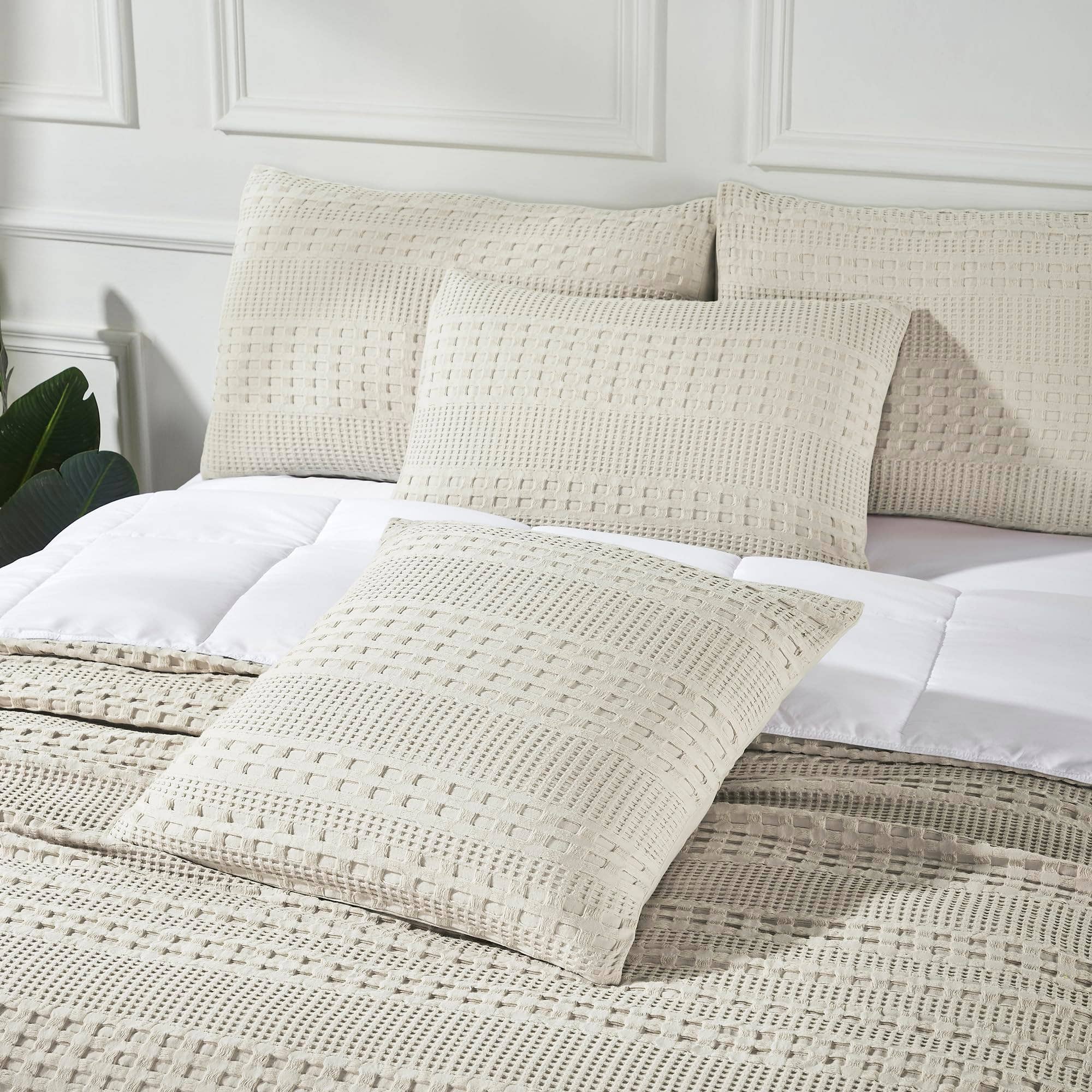 VHC Brands Waffle Weave Natural Pillow Covers 24x24 (Set of 2) - Farmhouse Boho Decorative Throw Pillow Shams for Bedroom & Living Room Decor