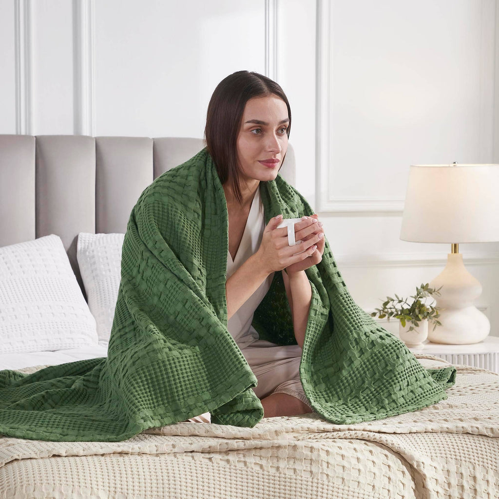 VHC Brands Waffle Weave Olive Green Throw Blanket 50x60 - Boho Farmhouse Cotton Decor for Bed, Couch & Sofa