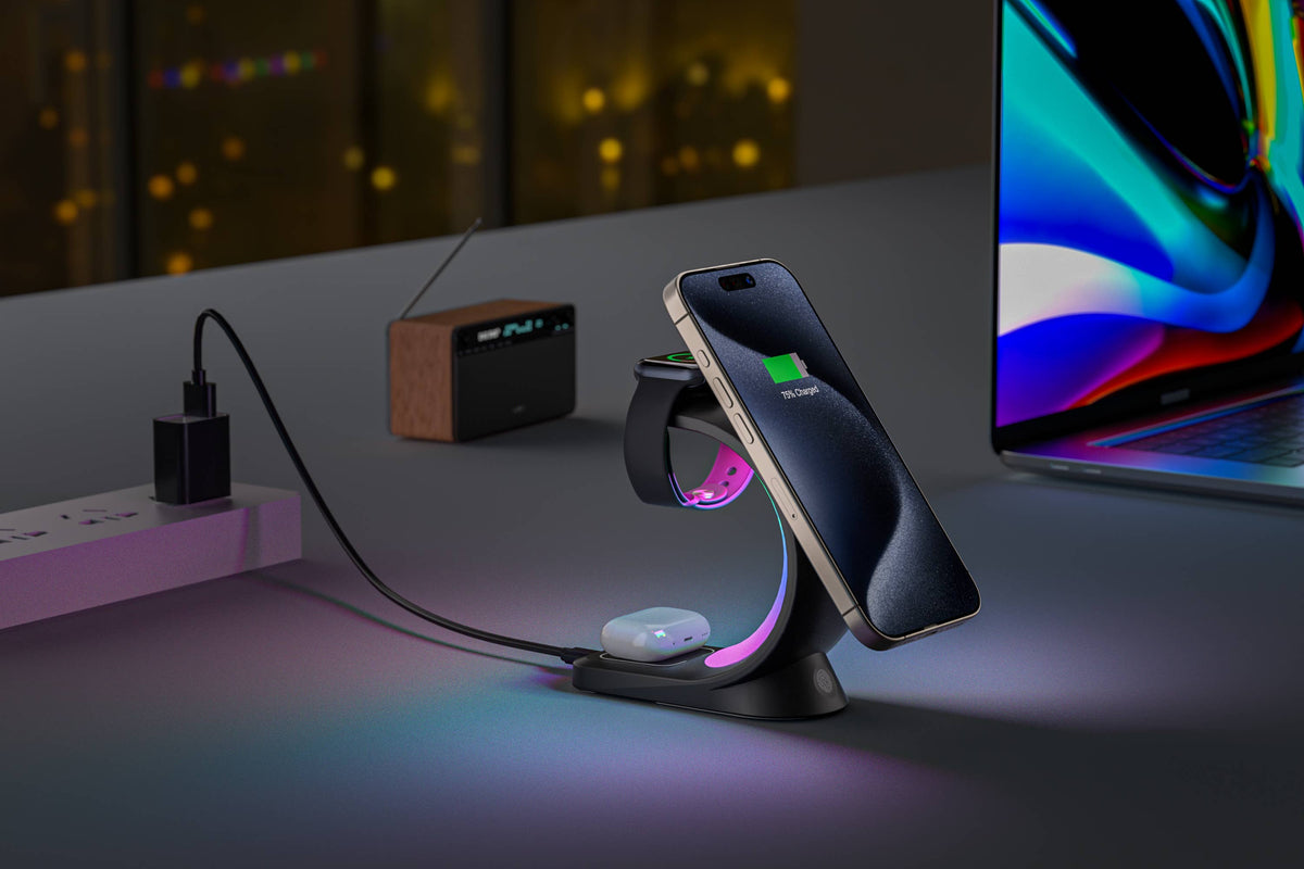 3-in-1 Charger Station w/ Night Lamp & Adapter