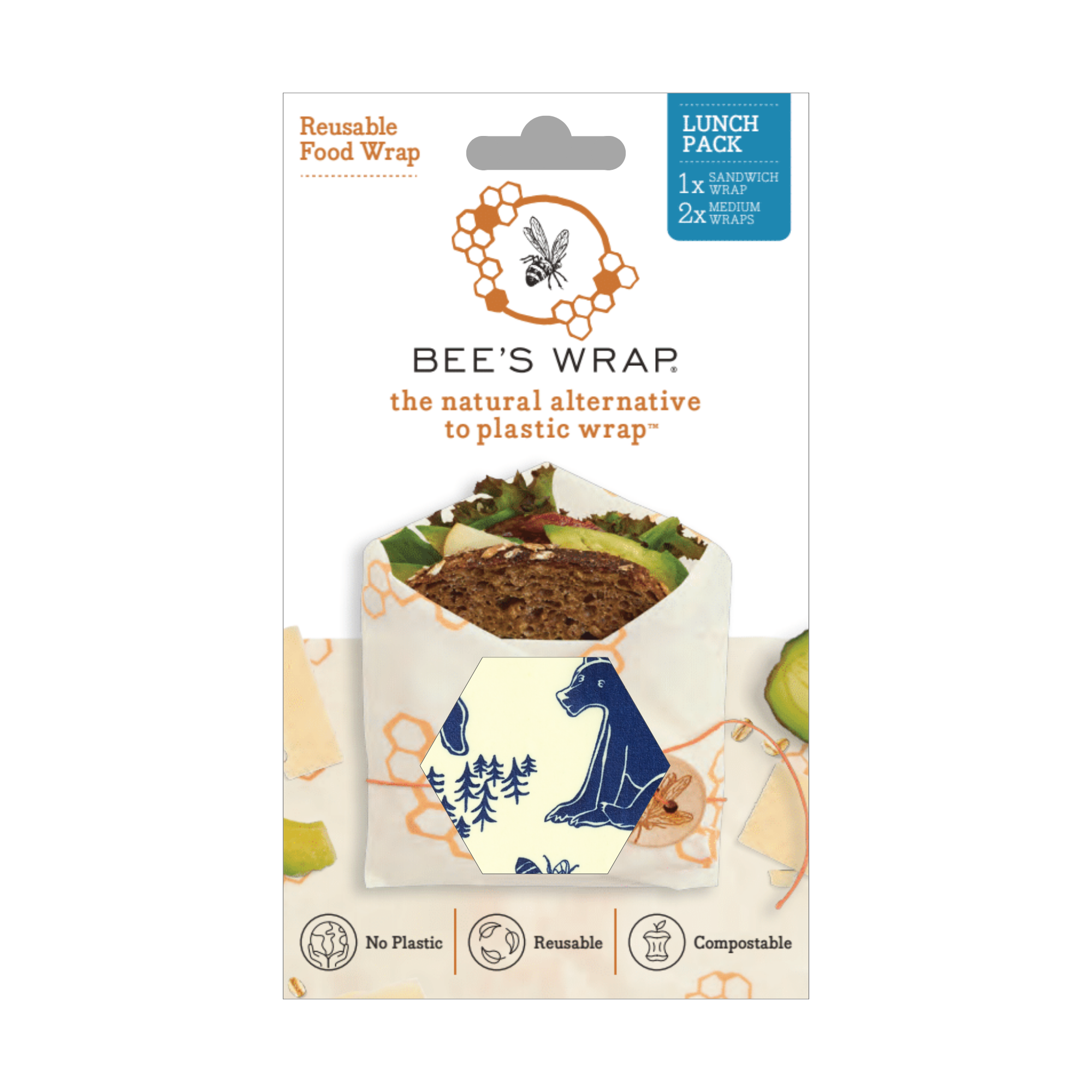 Lunch 3 Pack Beeswax Food Wrap - Bees & Bears Print