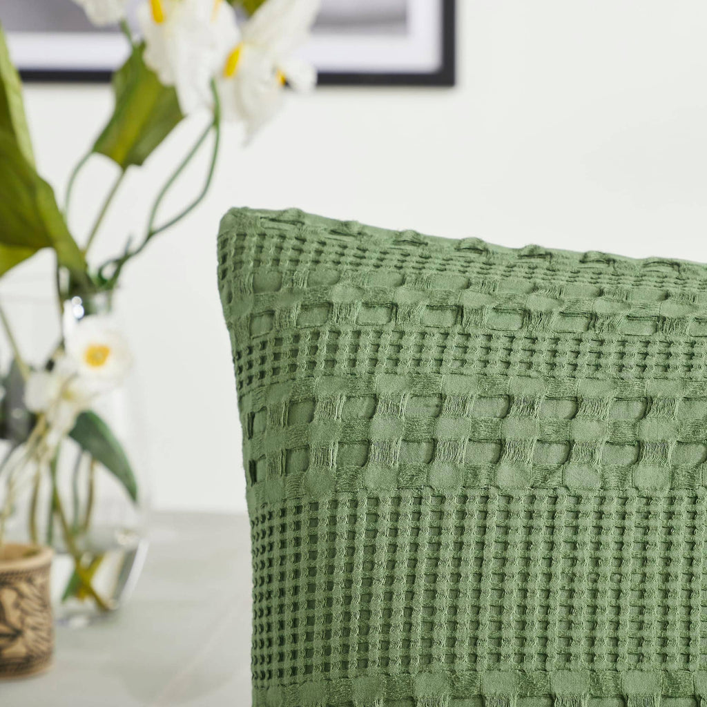 VHC Brands Waffle Weave Olive Green Pillow Covers (Set of 2) 24x24 - Decorative Throw Shams for Farmhouse, Boho Bedroom & Living Room Decor