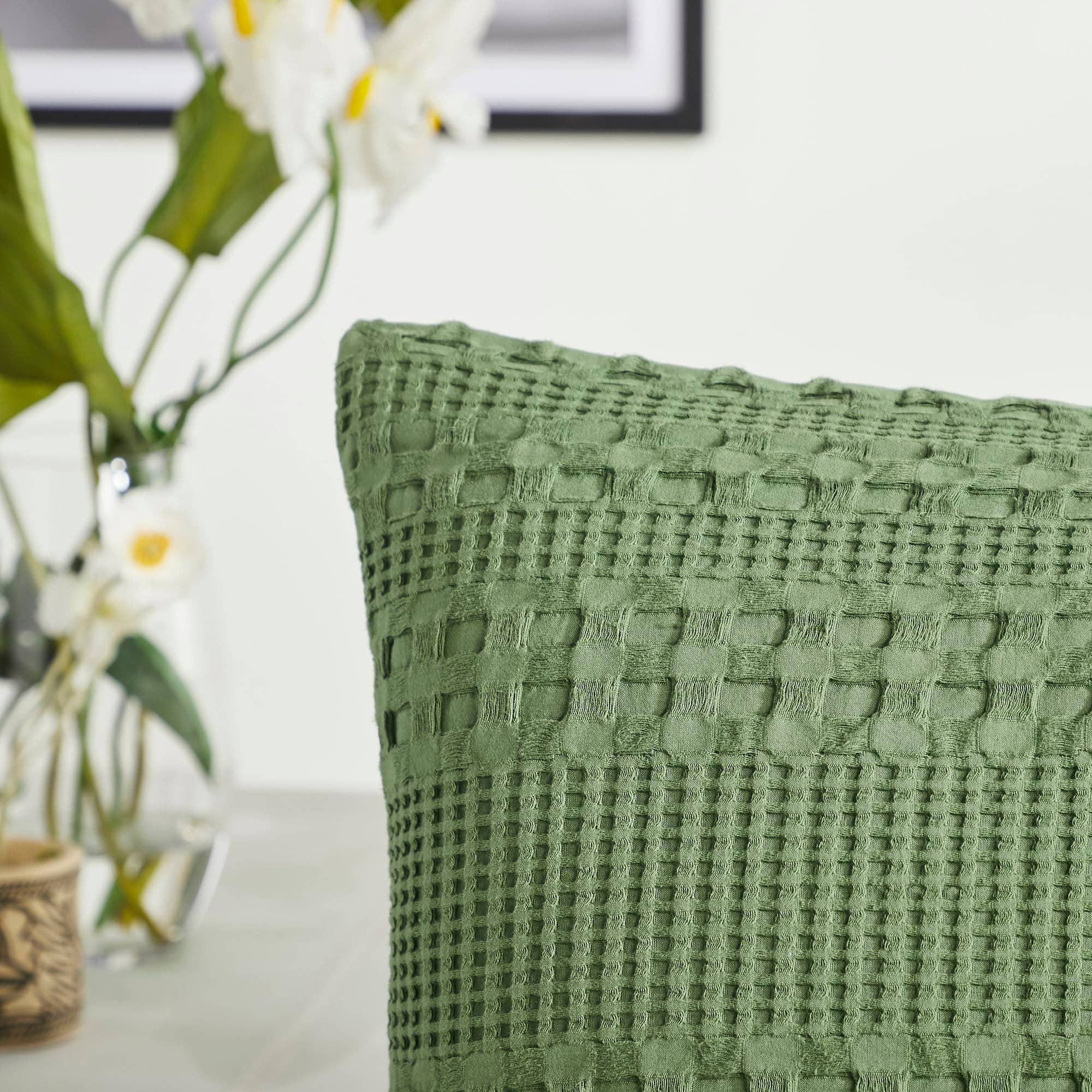 VHC Brands Waffle Weave Olive Green Pillow Covers (Set of 2) 24x24 - Decorative Throw Shams for Farmhouse, Boho Bedroom & Living Room Decor