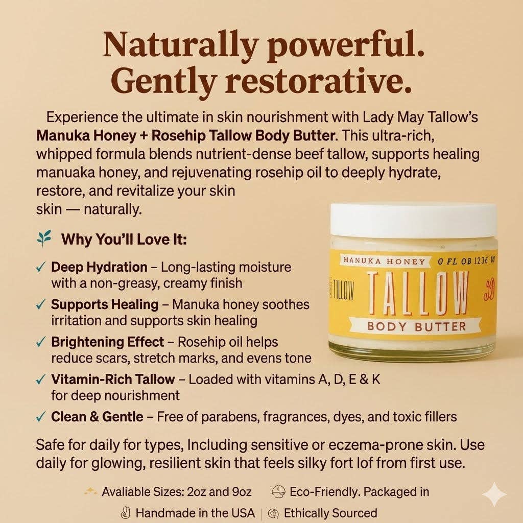 Manuka Honey + Rosehip Tallow Body Butter – Deeply Nourishing & Repairing Natural Skincare