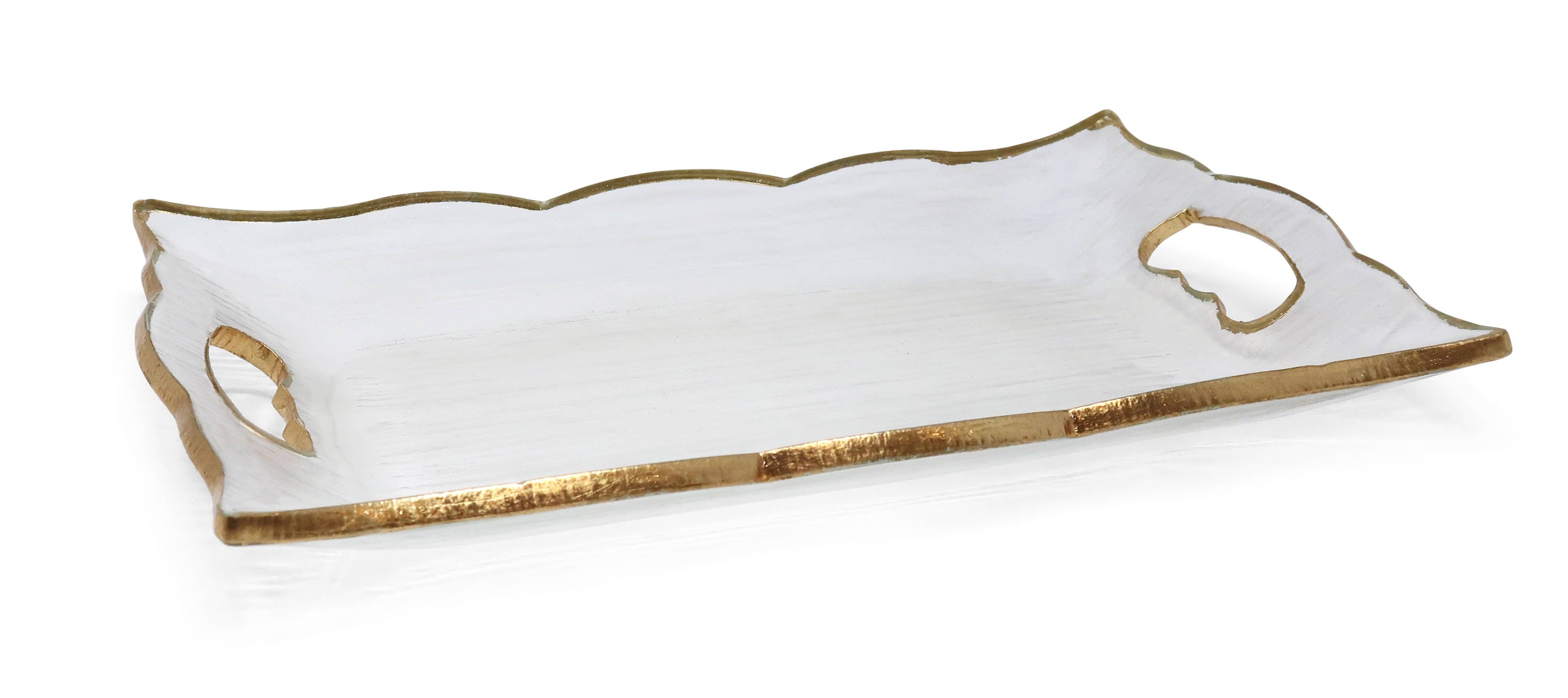 Rectangular Glass Tray with Handles and Gold Rim