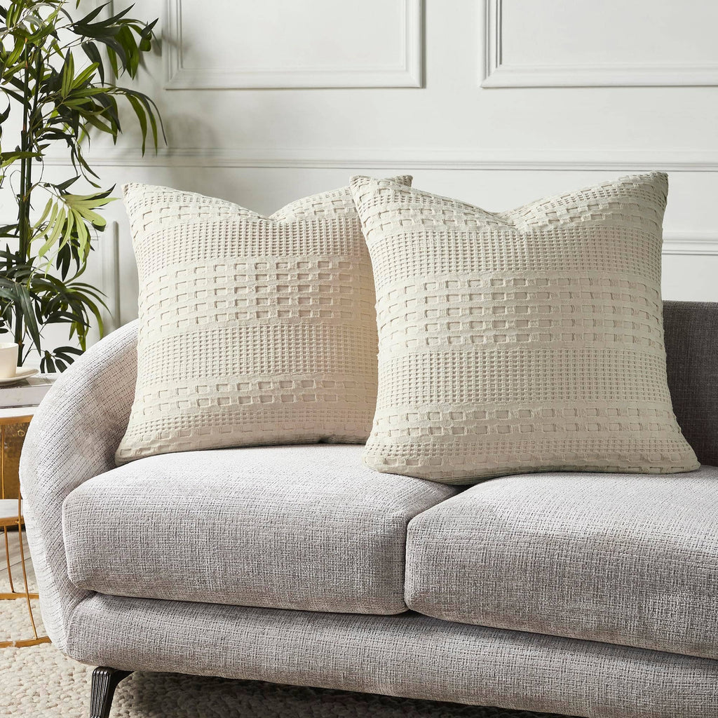 VHC Brands Waffle Weave Natural Pillow Covers 24x24 (Set of 2) - Farmhouse Boho Decorative Throw Pillow Shams for Bedroom & Living Room Decor