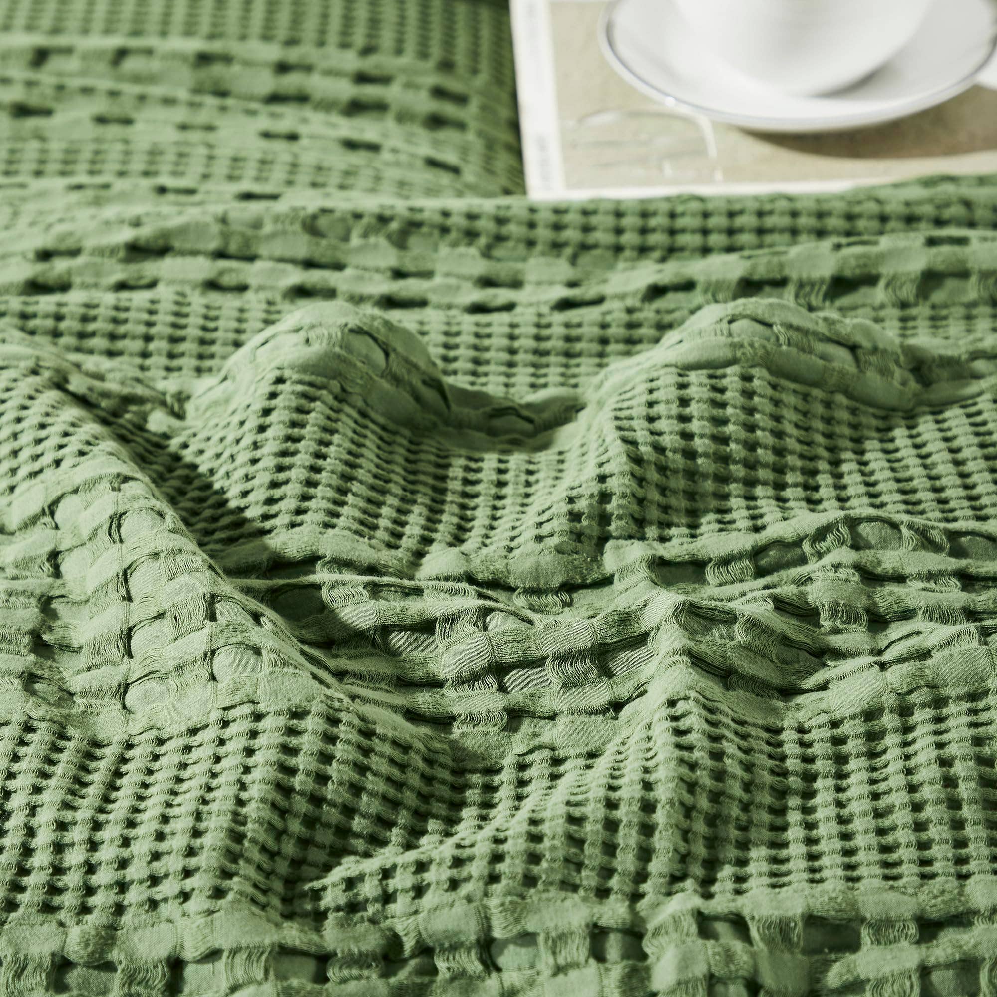 VHC Brands Waffle Weave Olive Green Pillow Covers (Set of 2) 24x24 - Decorative Throw Shams for Farmhouse, Boho Bedroom & Living Room Decor