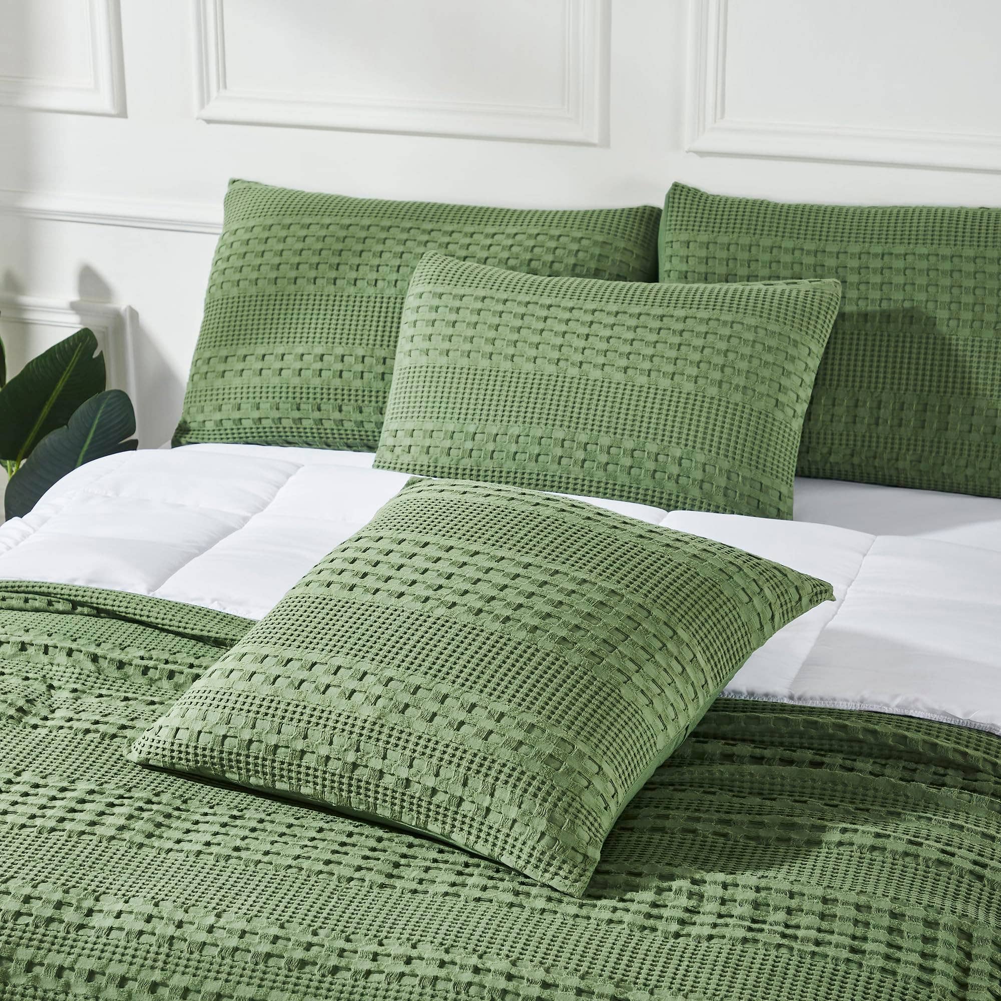 VHC Brands Waffle Weave Olive Green Pillow Covers (Set of 2) 24x24 - Decorative Throw Shams for Farmhouse, Boho Bedroom & Living Room Decor