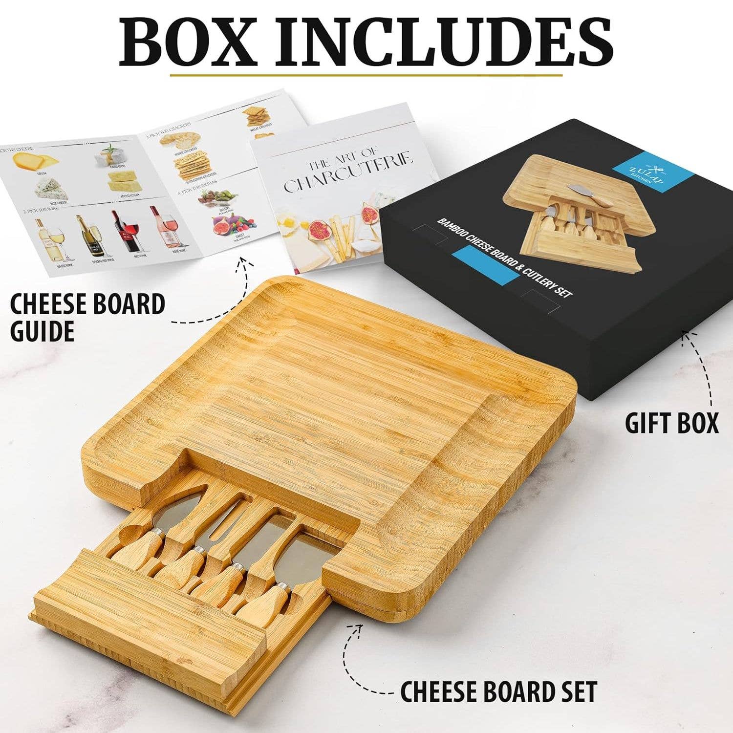 Bamboo Cheese Board with Cutlery & Drawer