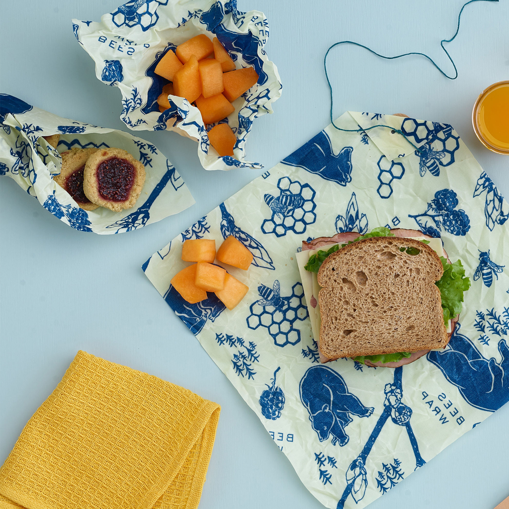 Lunch 3 Pack Beeswax Food Wrap - Bees & Bears Print