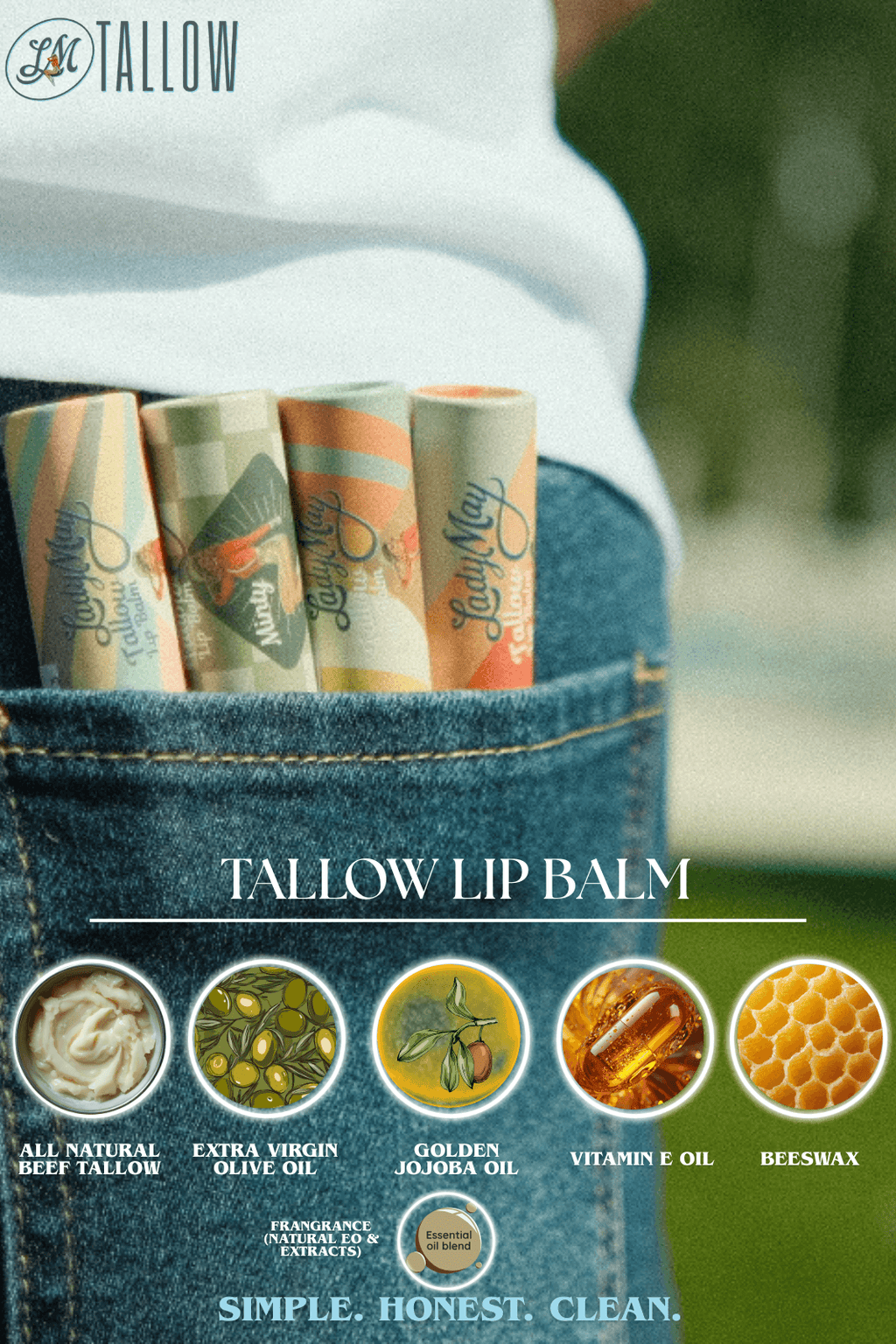Tallow Lip Balm - Natural Beef Tallow Lip Moisturizer with Beeswax & Jojoba Oil