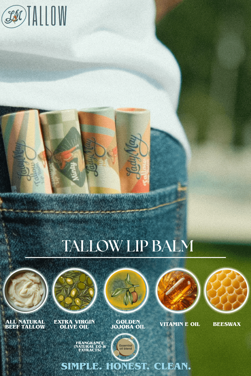 Tallow Lip Balm - Natural Beef Tallow Lip Moisturizer with Beeswax & Jojoba Oil