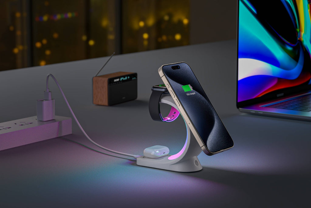 3-in-1 Charger Station w/ Night Lamp & Adapter