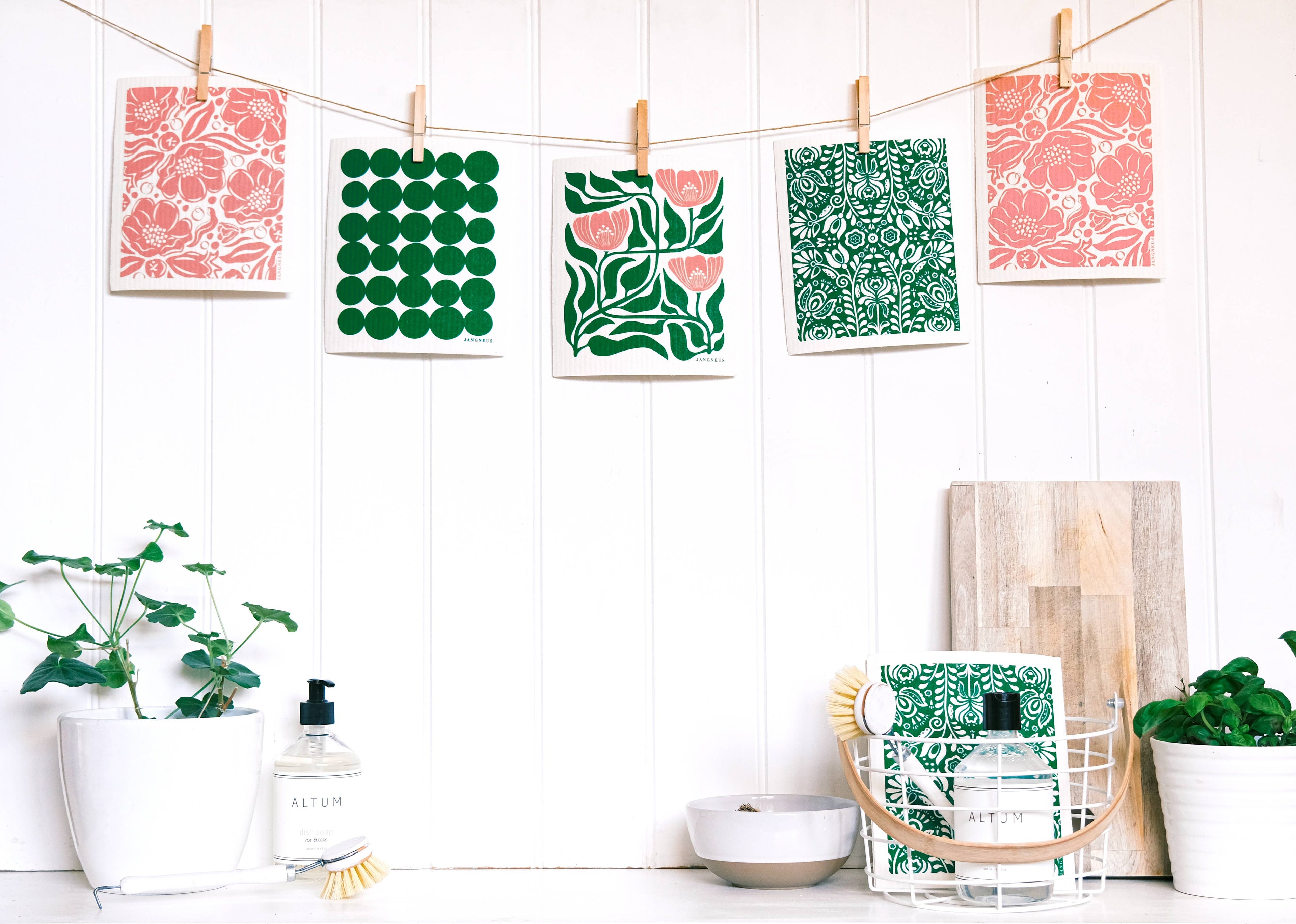 Swedish Dishcloth - Flower - Green/Pink