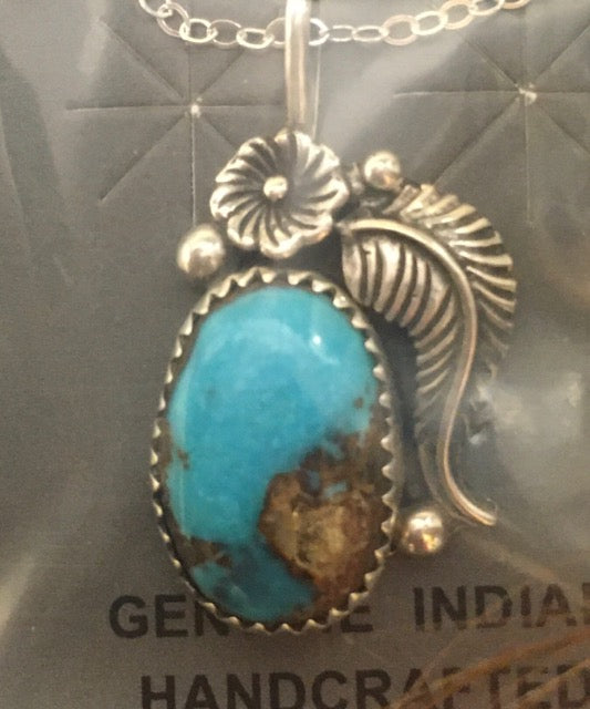 Genuine Turquoise Necklace with Floral Silver