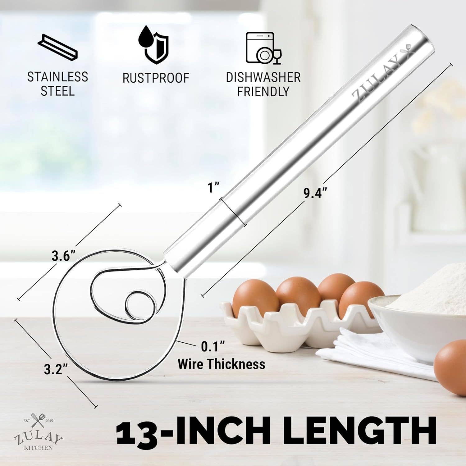 Danish Dough Whisk Stainless Steel - Single Eye Dough Hook