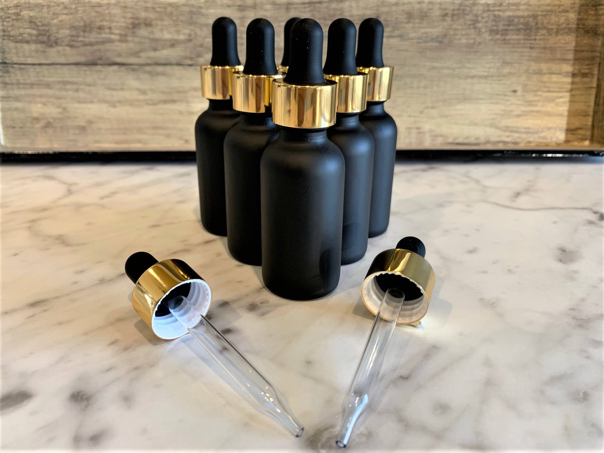1oz Black Matte Glass Bottle with Black & Gold Glass Dropper