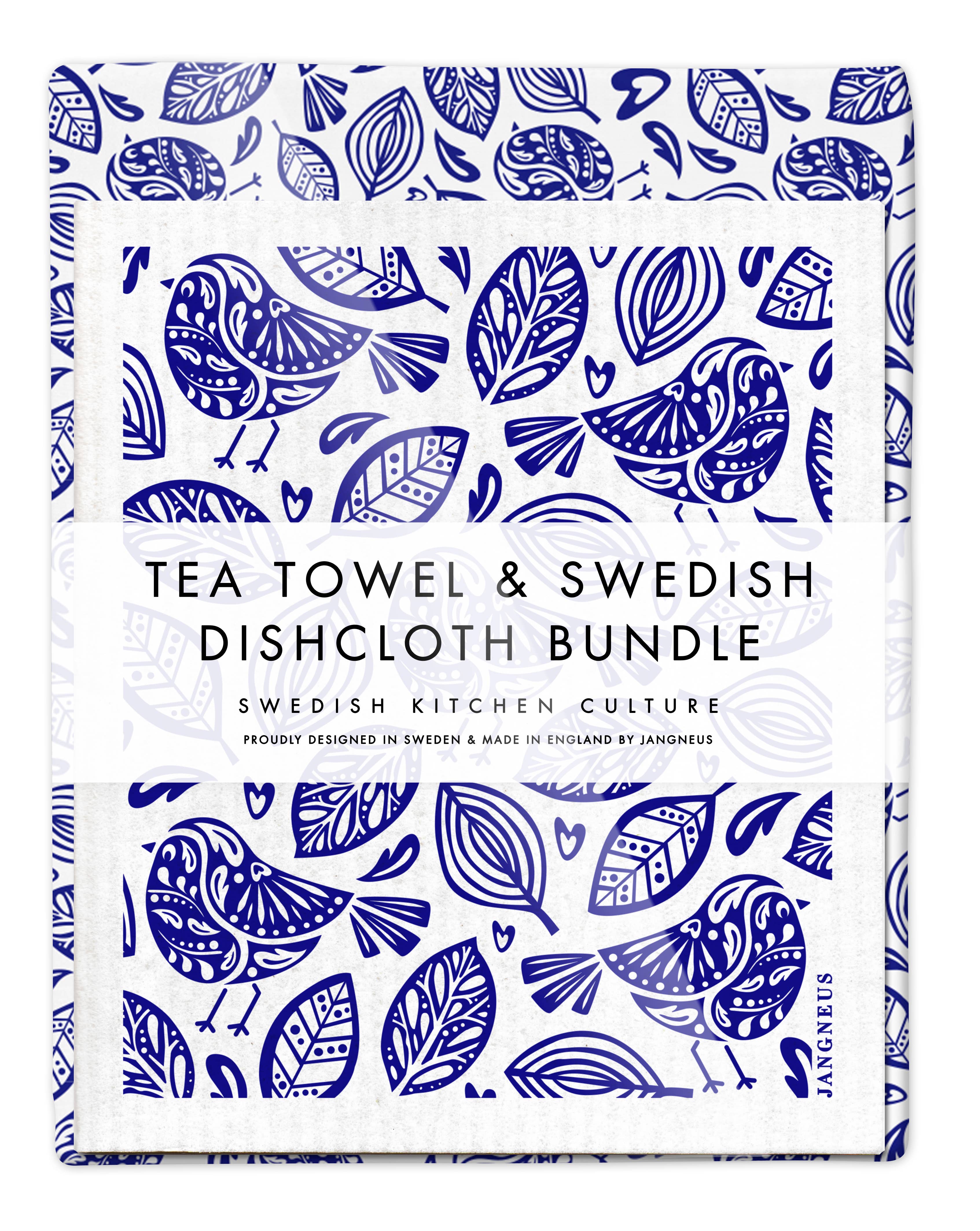 Swedish Dishcloth & Tea Towel Bundle - Robins - Blue