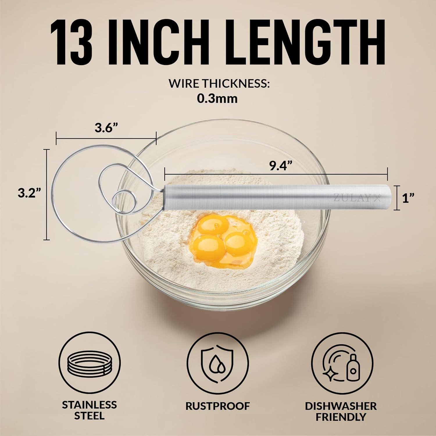Danish Dough Whisk Stainless Steel - Single Eye Dough Hook