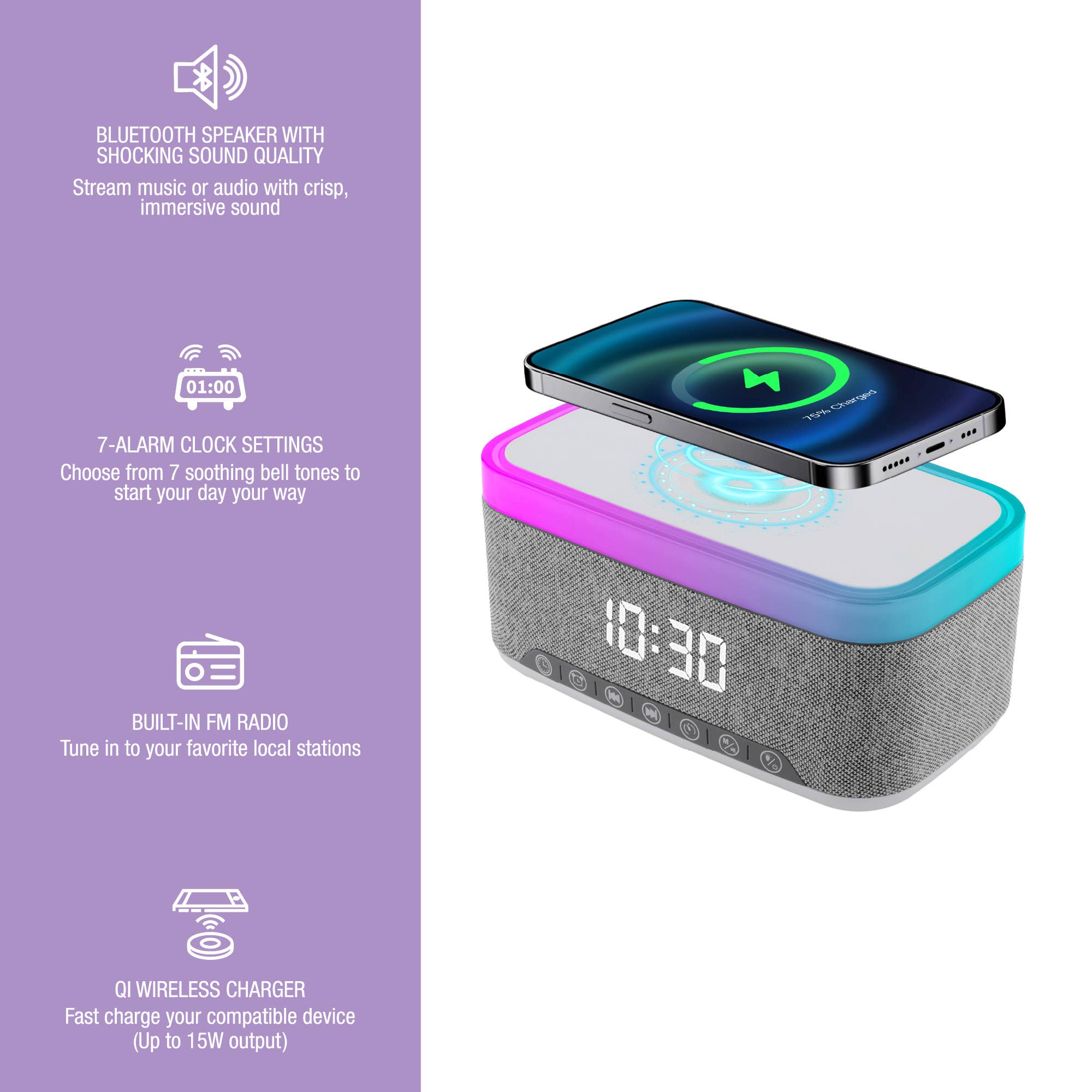 Pursonic All-in-One Alarm Clock with Bluetooth Speaker
