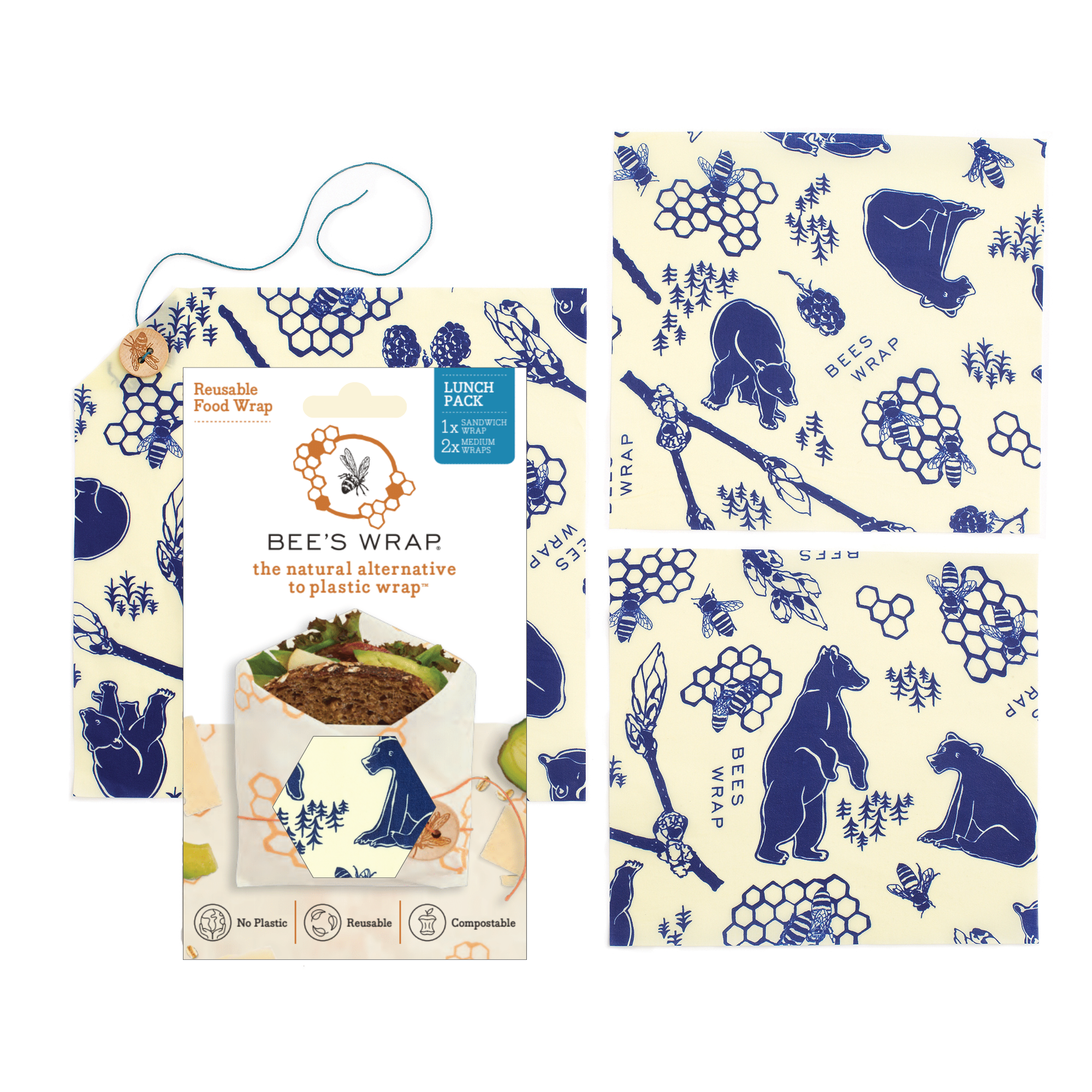 Lunch 3 Pack Beeswax Food Wrap - Bees & Bears Print