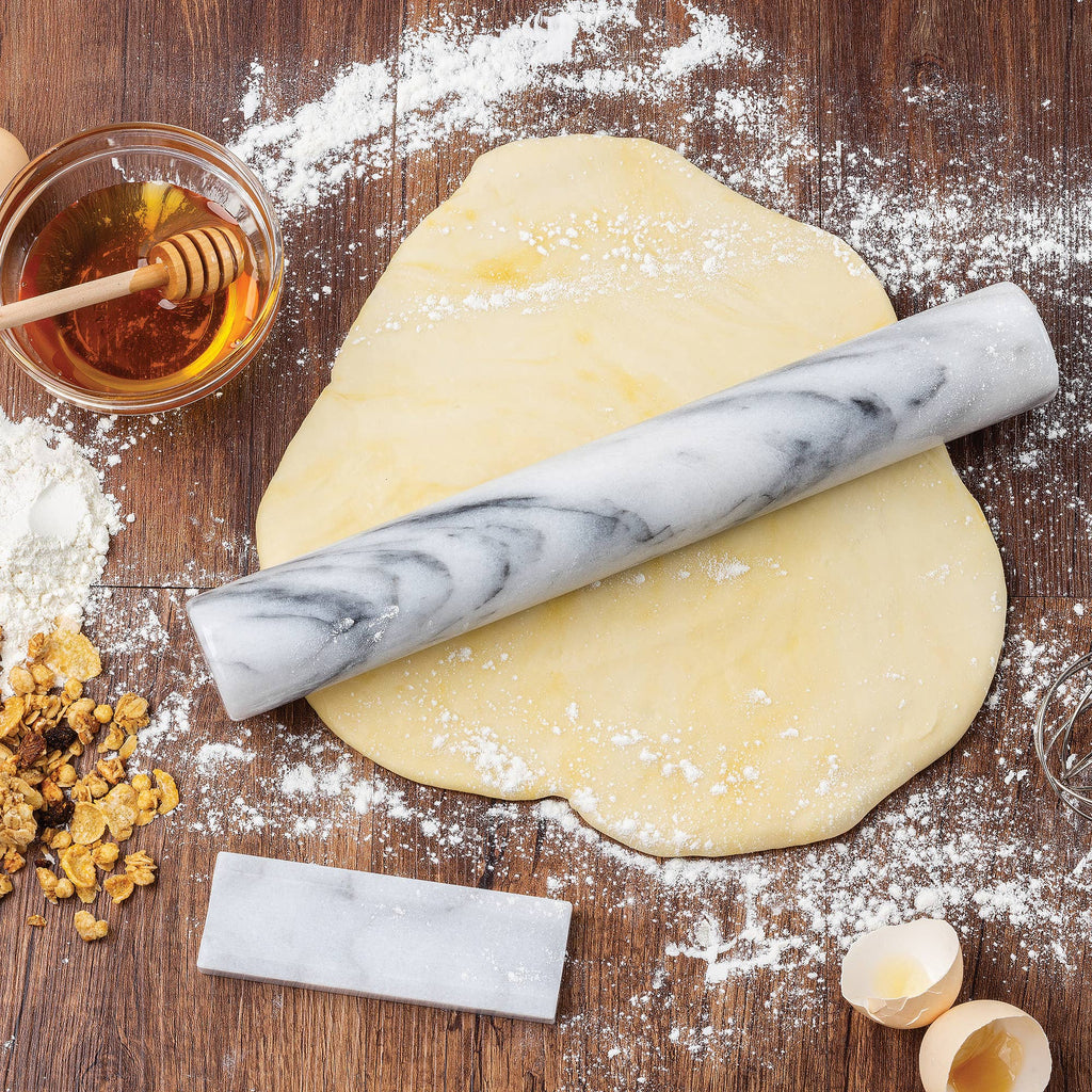 Fox Run Marble French Rolling Pin with Base, White, 11"