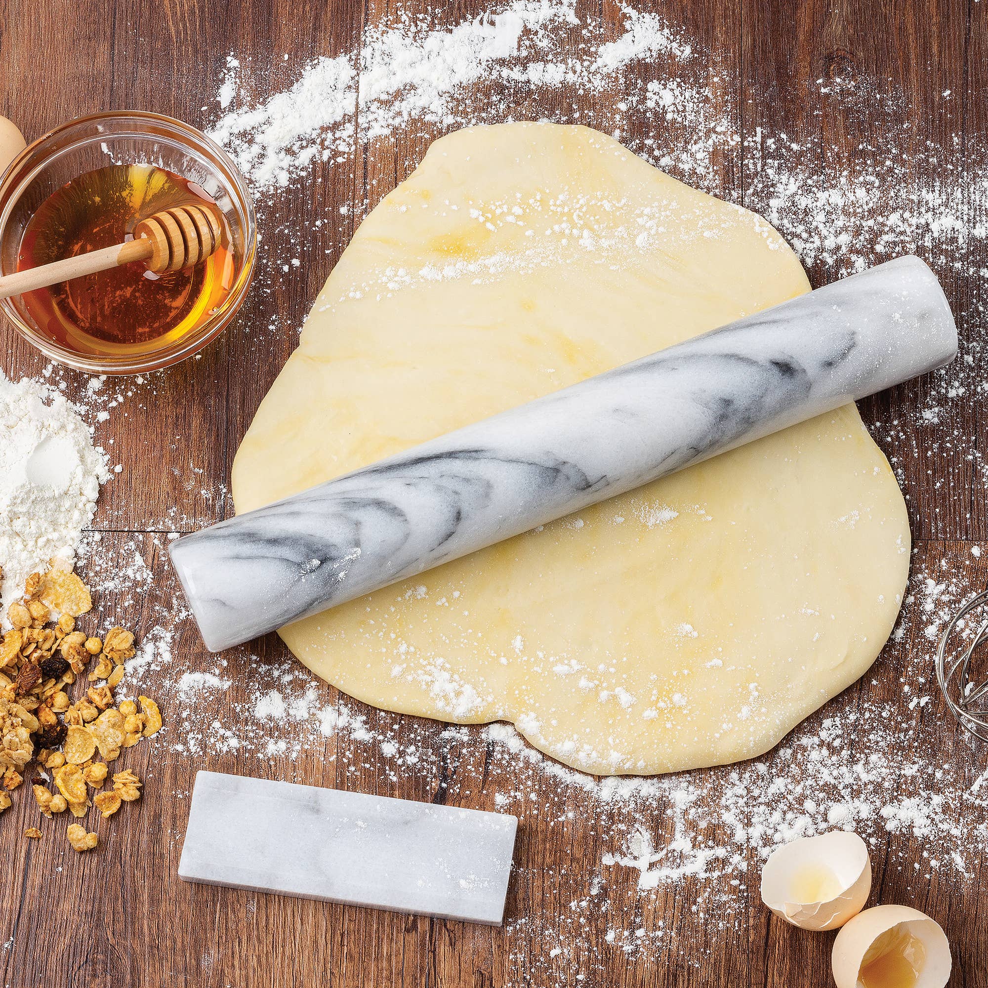 Fox Run Marble French Rolling Pin with Base, White, 11"