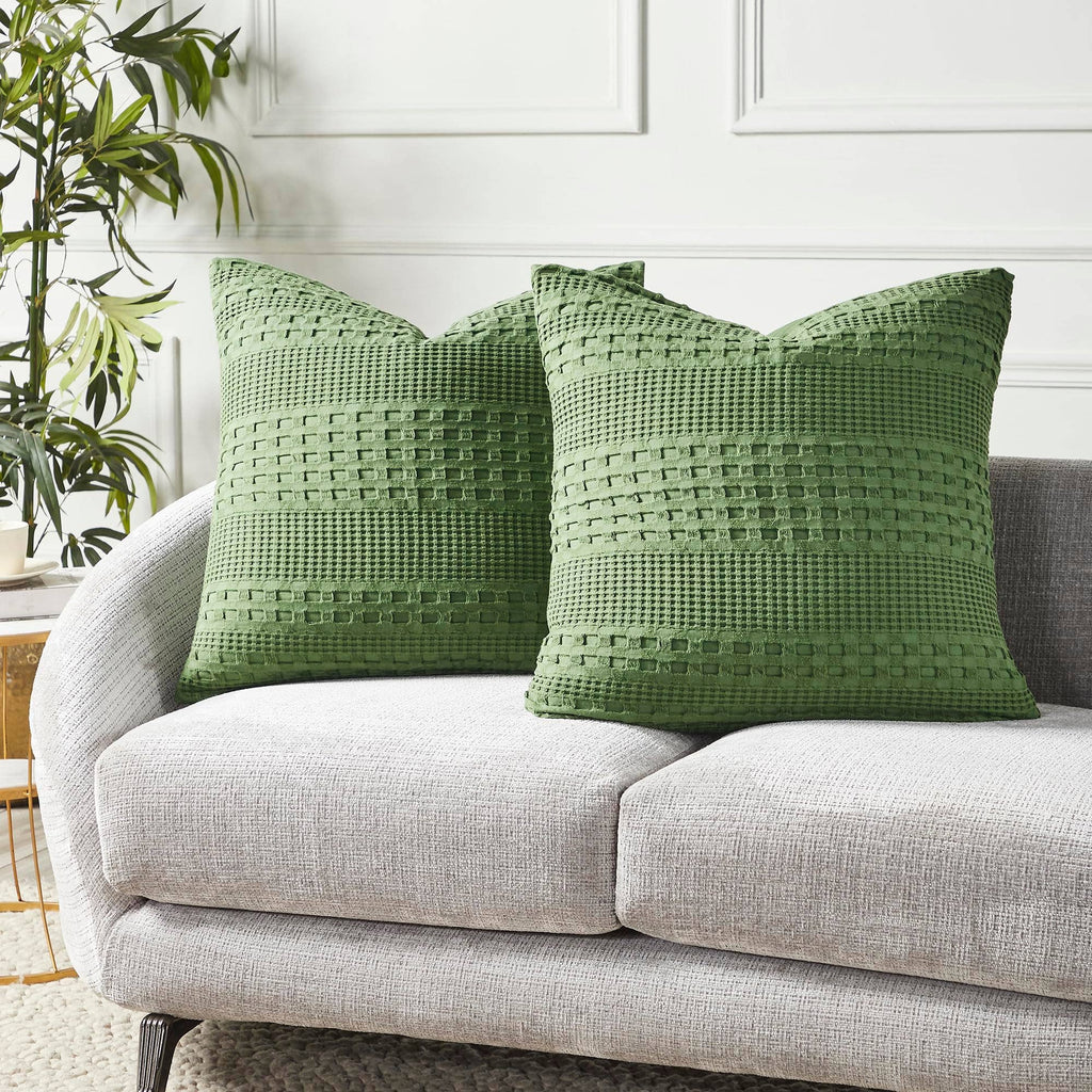 VHC Brands Waffle Weave Olive Green Pillow Covers (Set of 2) 24x24 - Decorative Throw Shams for Farmhouse, Boho Bedroom & Living Room Decor