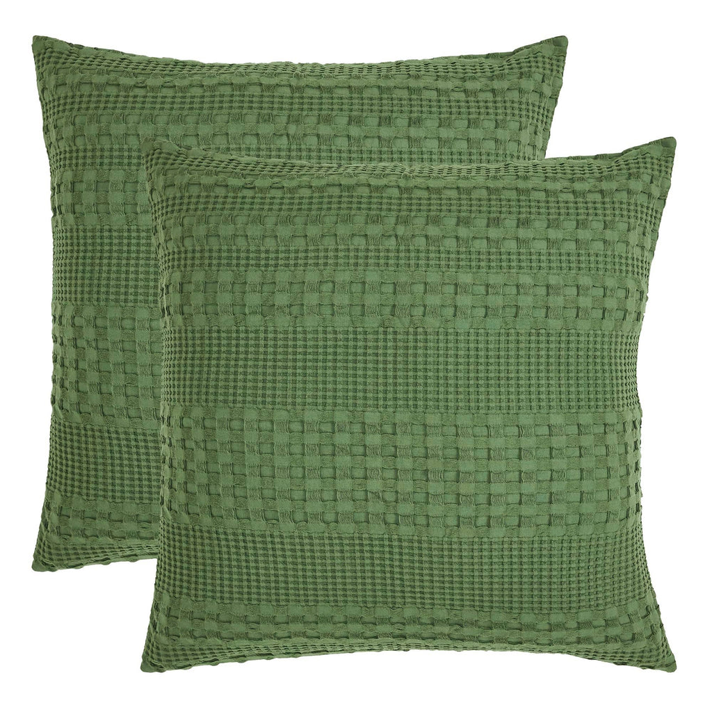 VHC Brands Waffle Weave Olive Green Pillow Covers (Set of 2) 24x24 - Decorative Throw Shams for Farmhouse, Boho Bedroom & Living Room Decor