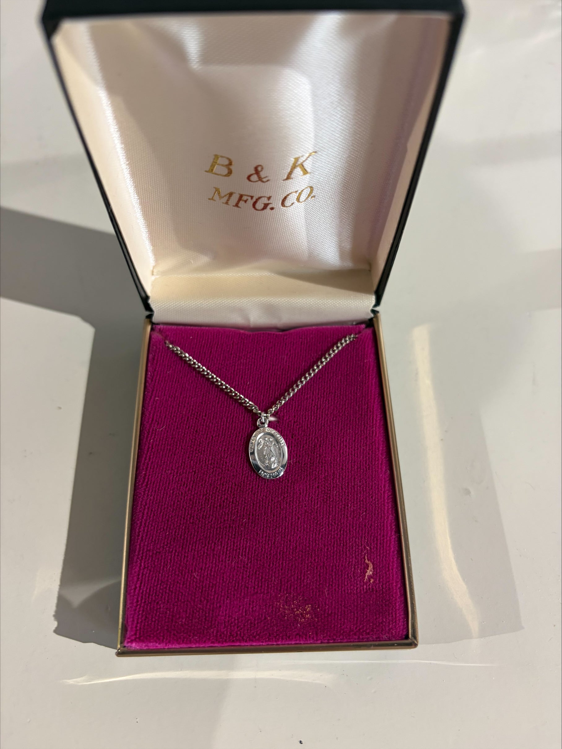 Vintage B&K Oval Silver Virgin Mary Medal Necklace with Chain in Original Box