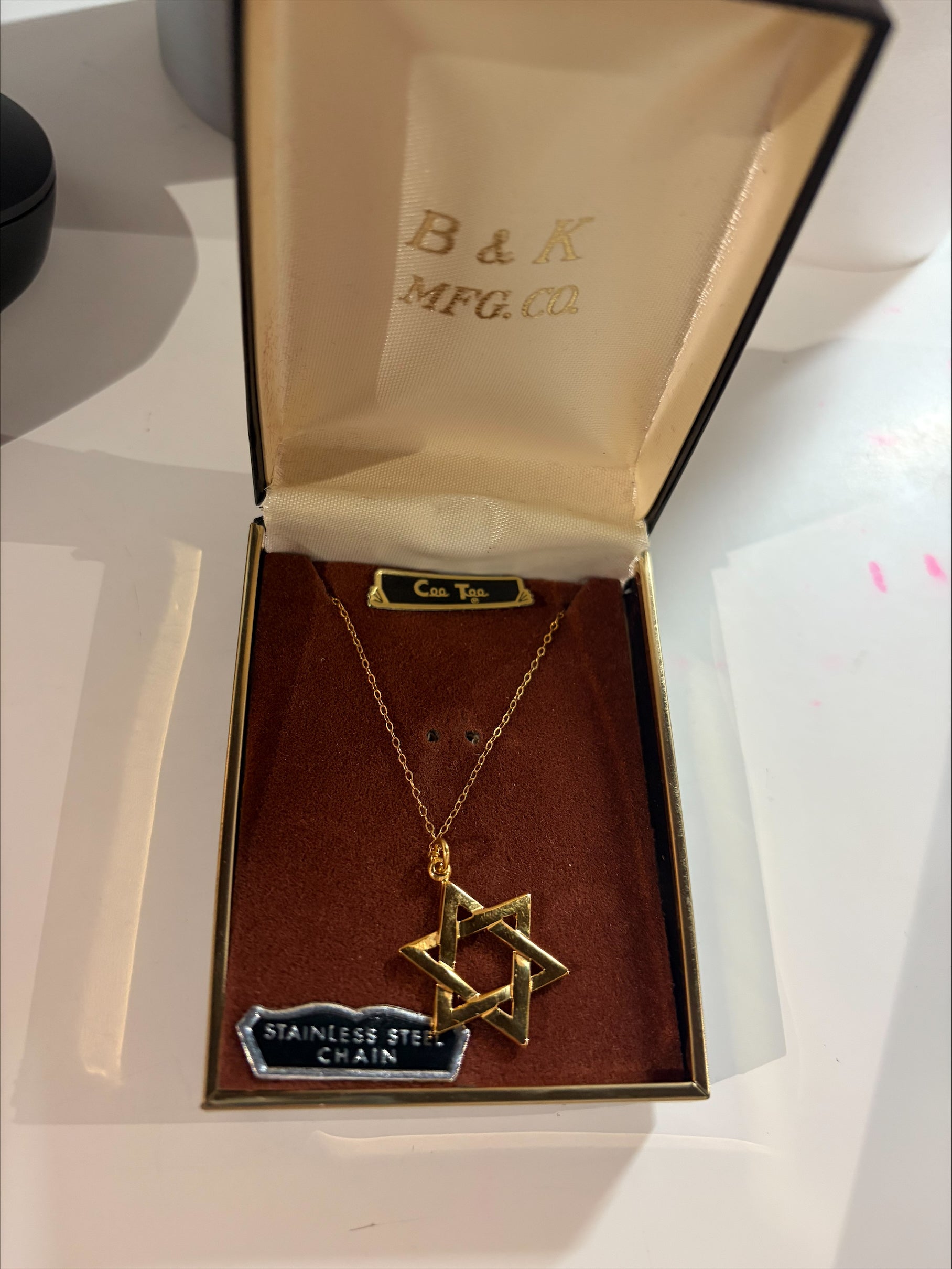 Vintage Gold-Tone Star of David Pendant Necklace with Stainless Steel Chain in Box