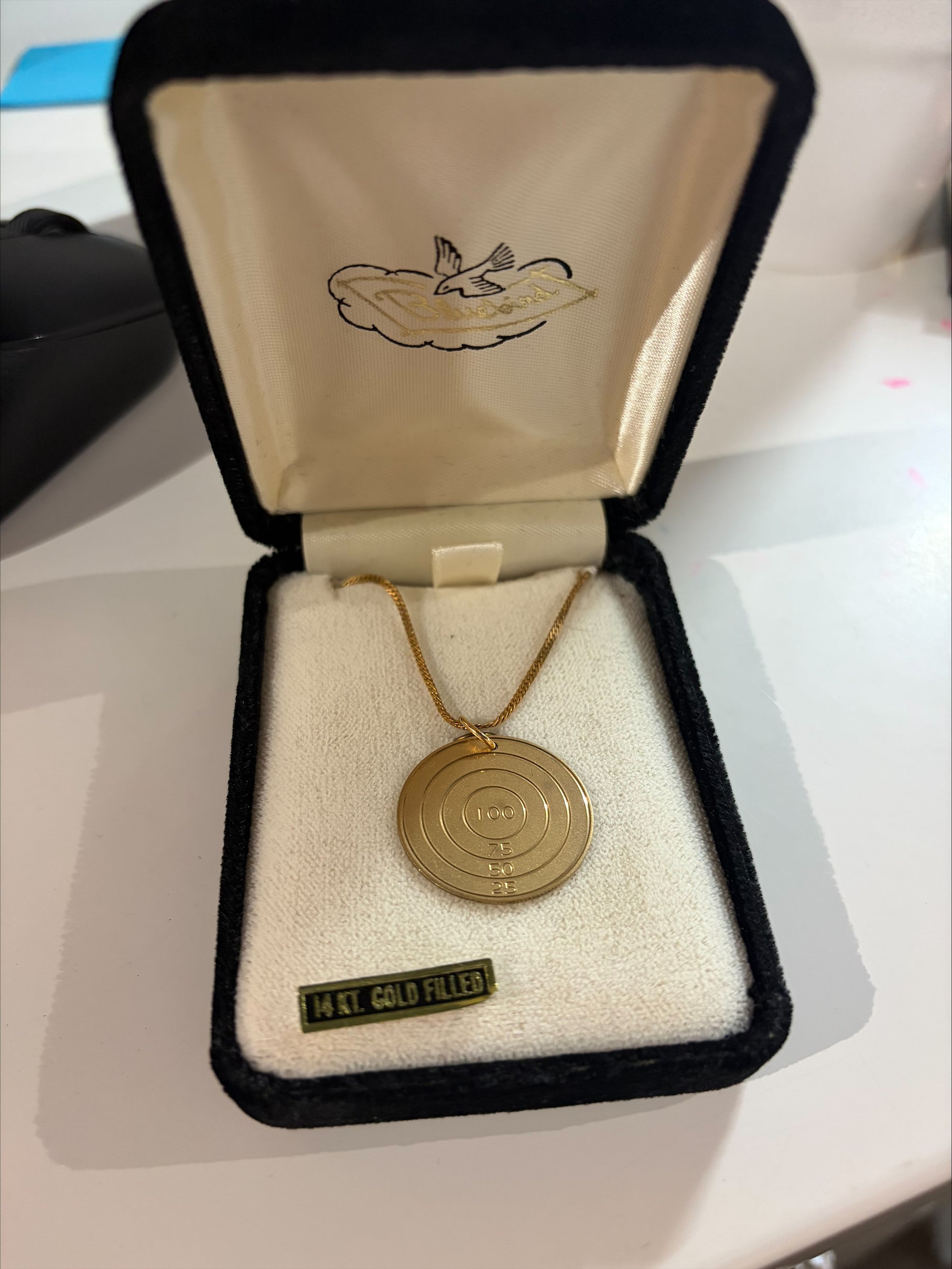 Vintage Bluebird 14KT Gold Filled Target Medallion Pendant Necklace
