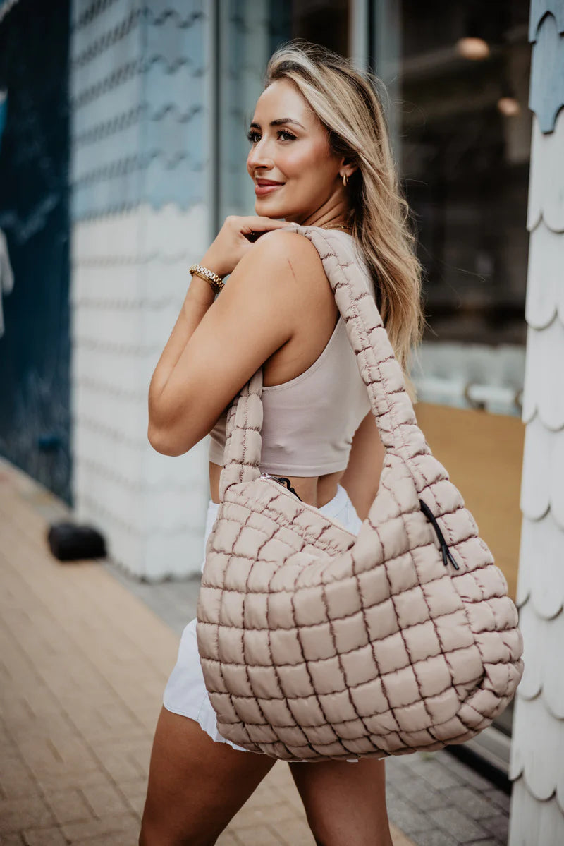 Tan Oversized Quilted Puffer Tote Bag